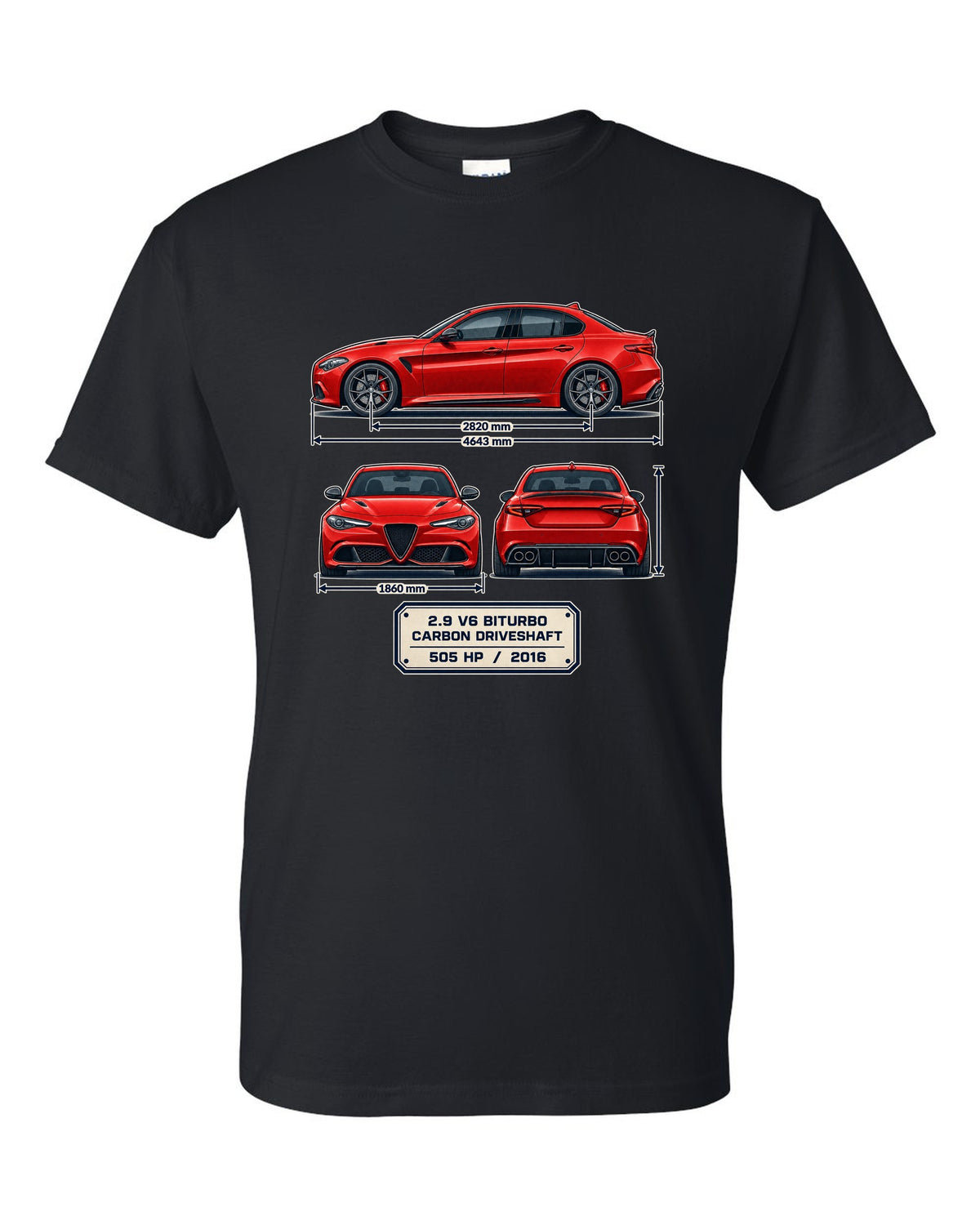 Alfa Romeo Giulia Quadrifoglio three-view spec print black t-shirt front view with the design