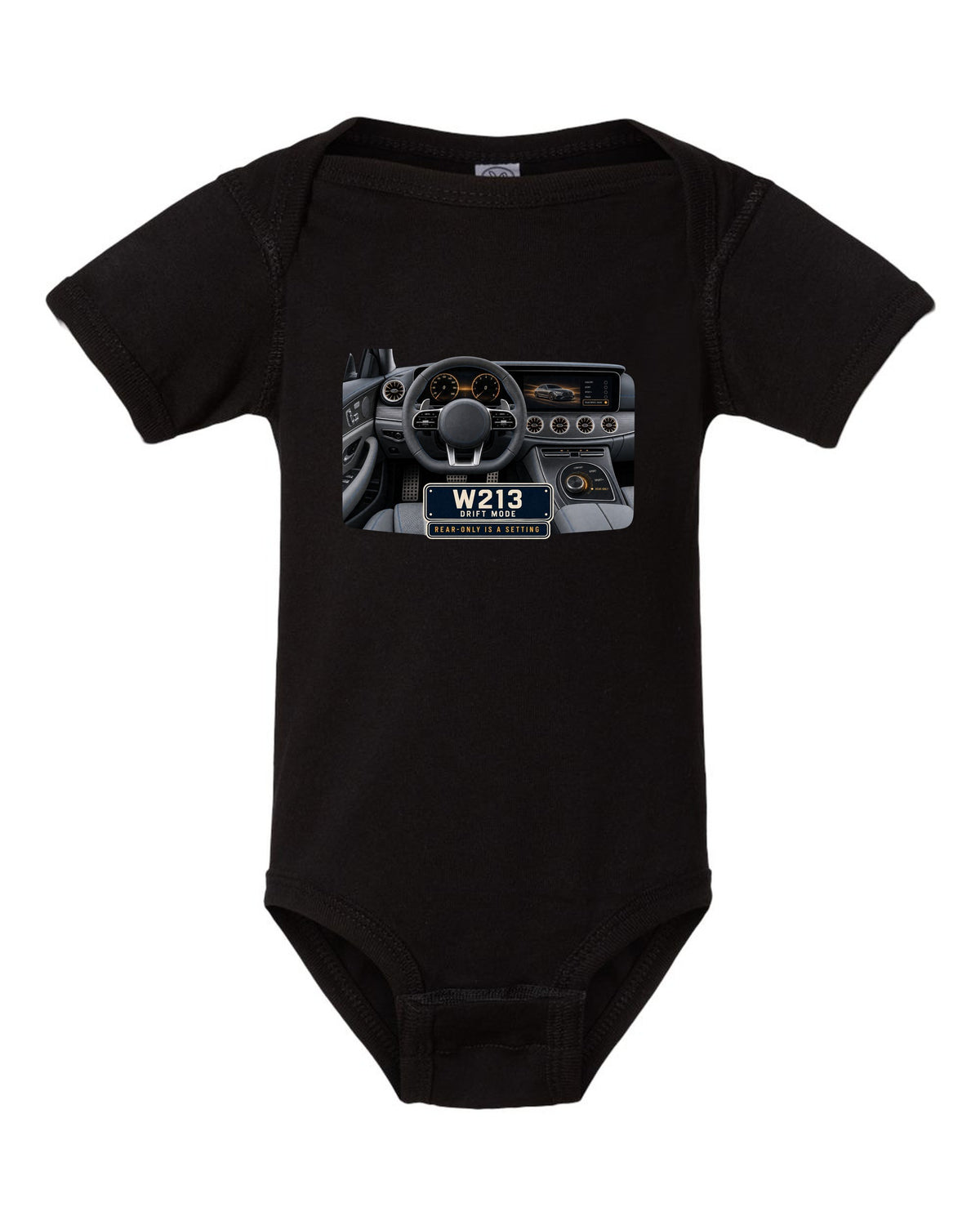 Cockpit and gauge print of a Mercedes-AMG E63 S W213 interior with drift mode black baby onesie front view with the design