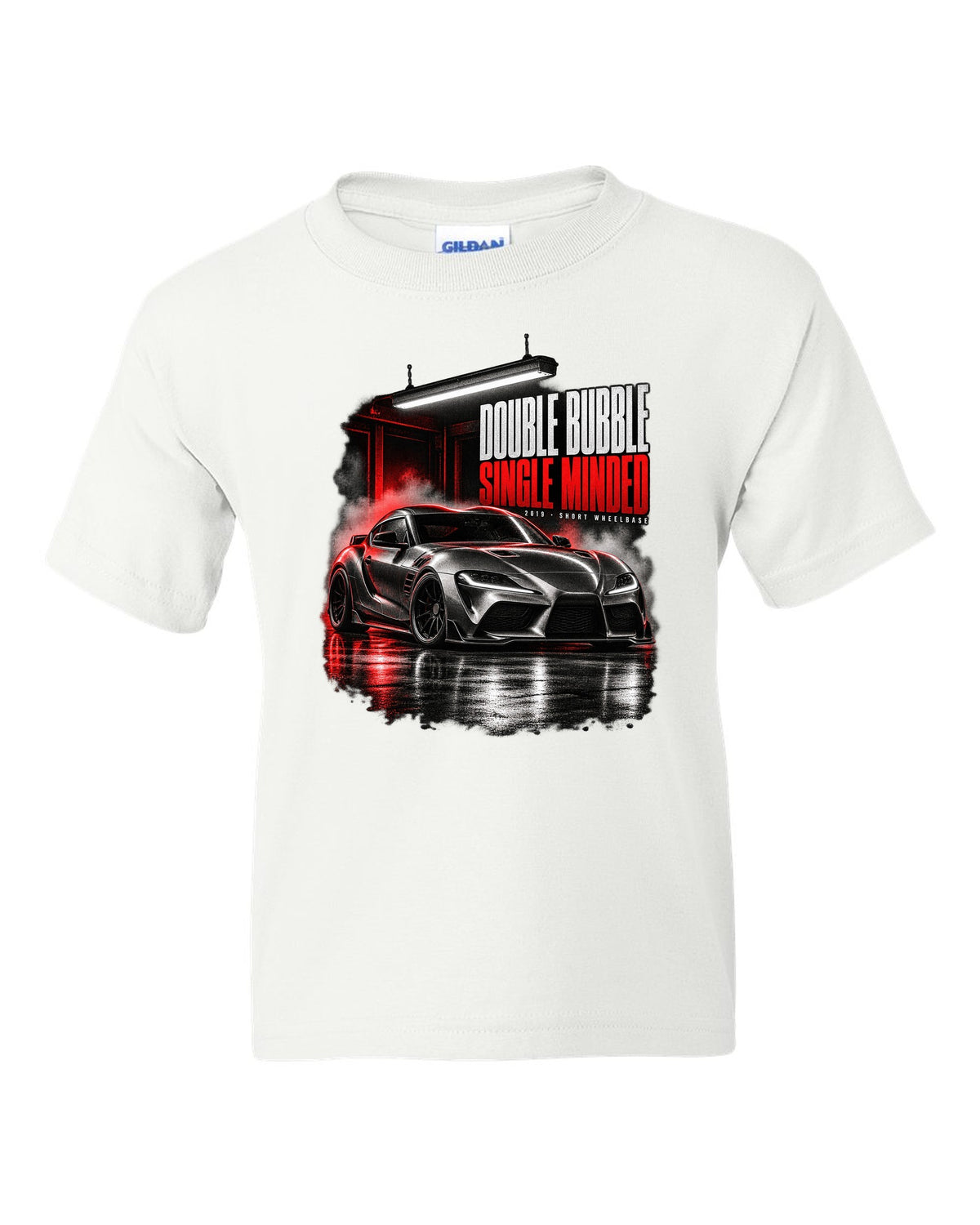 Garage night print of a Toyota GR Supra A90 with the text Double Bubble Single Minded white kids tee front view with the design