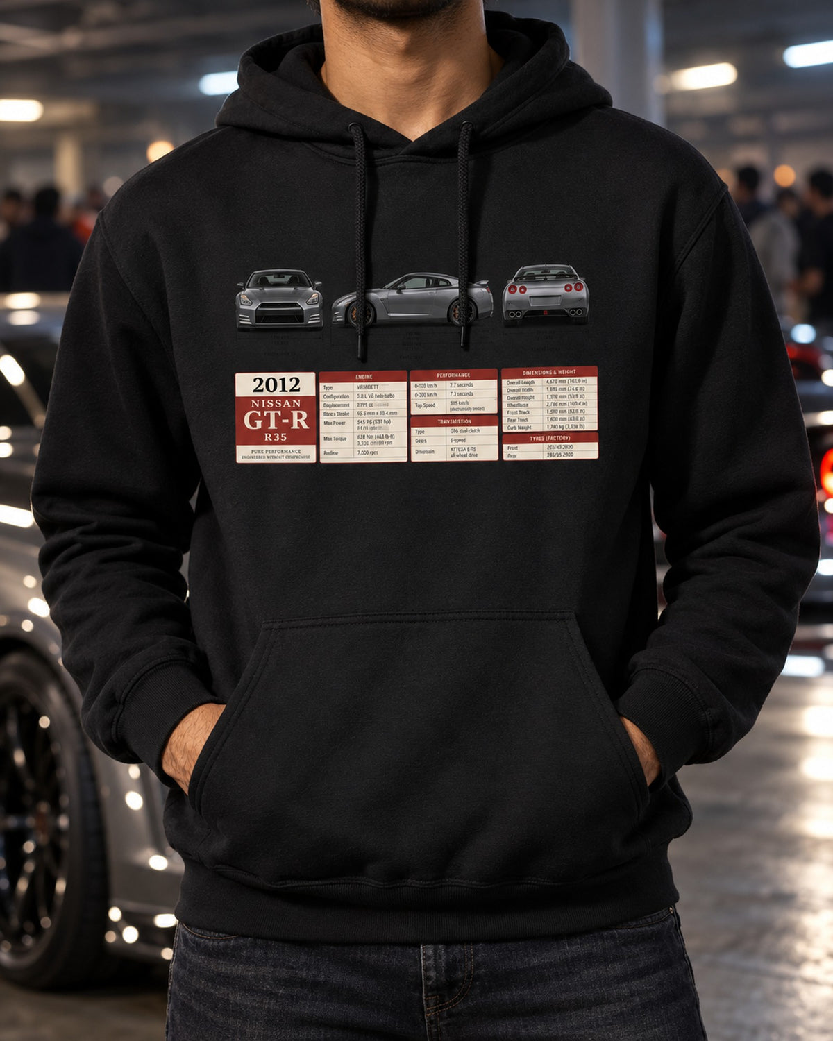 Nissan GT-R R35 MY2012 Three-View Shirt, 530 HP Spec Tee Pull Over Hoodie Black worn hero