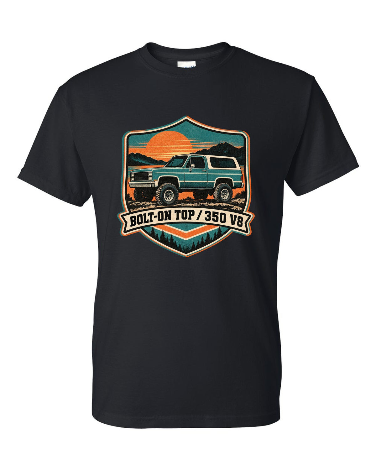 Risograph-style sunset print of a 1973-91 Chevrolet K5 Blazer with BOLT-ON TOP and 350 V8 text black t-shirt front view with the design