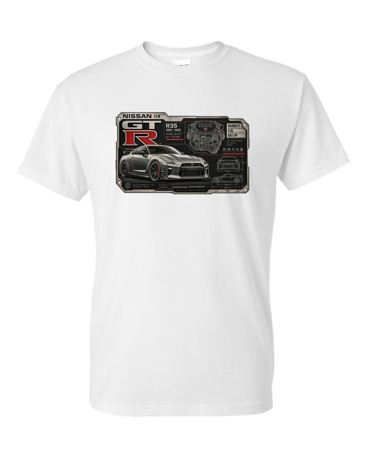Spec sheet data plate print for the Nissan GT-R R35 showing VR38DETT 3.8L 562 HP white t-shirt front view with the design