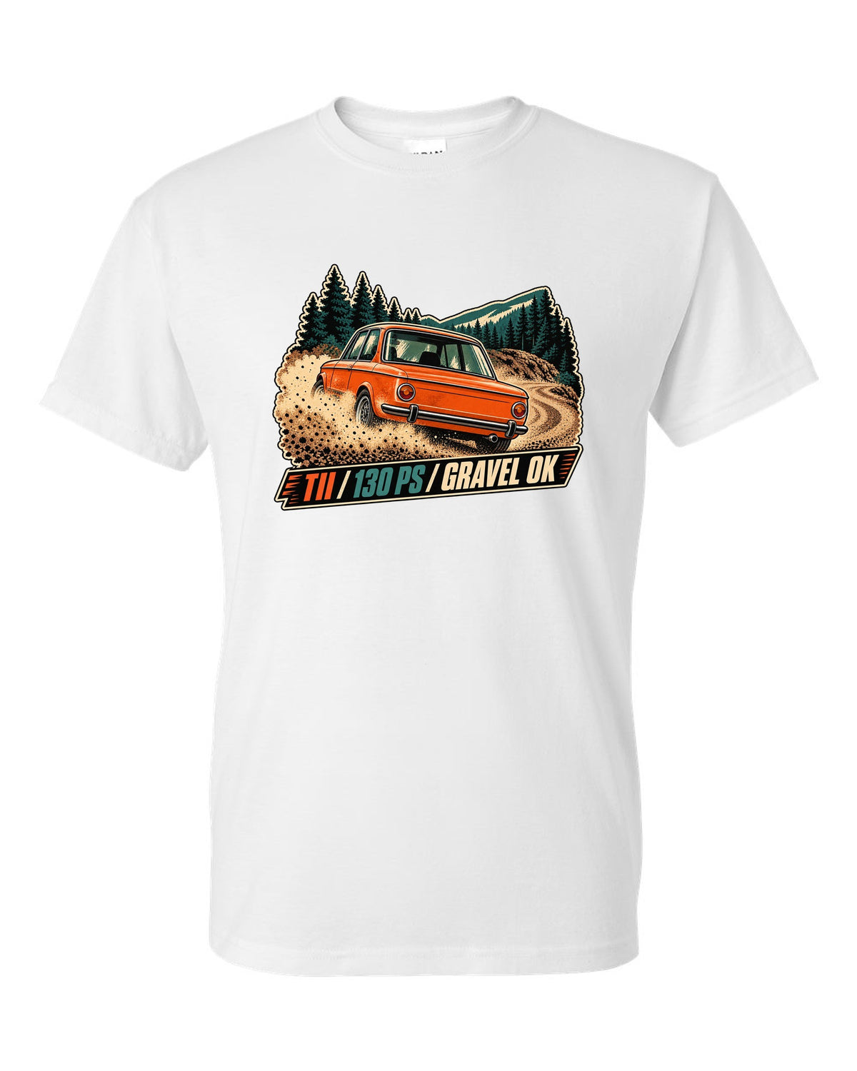 BMW 2002 tii vintage hillclimb race poster print with 130 PS text white t-shirt front view with the design