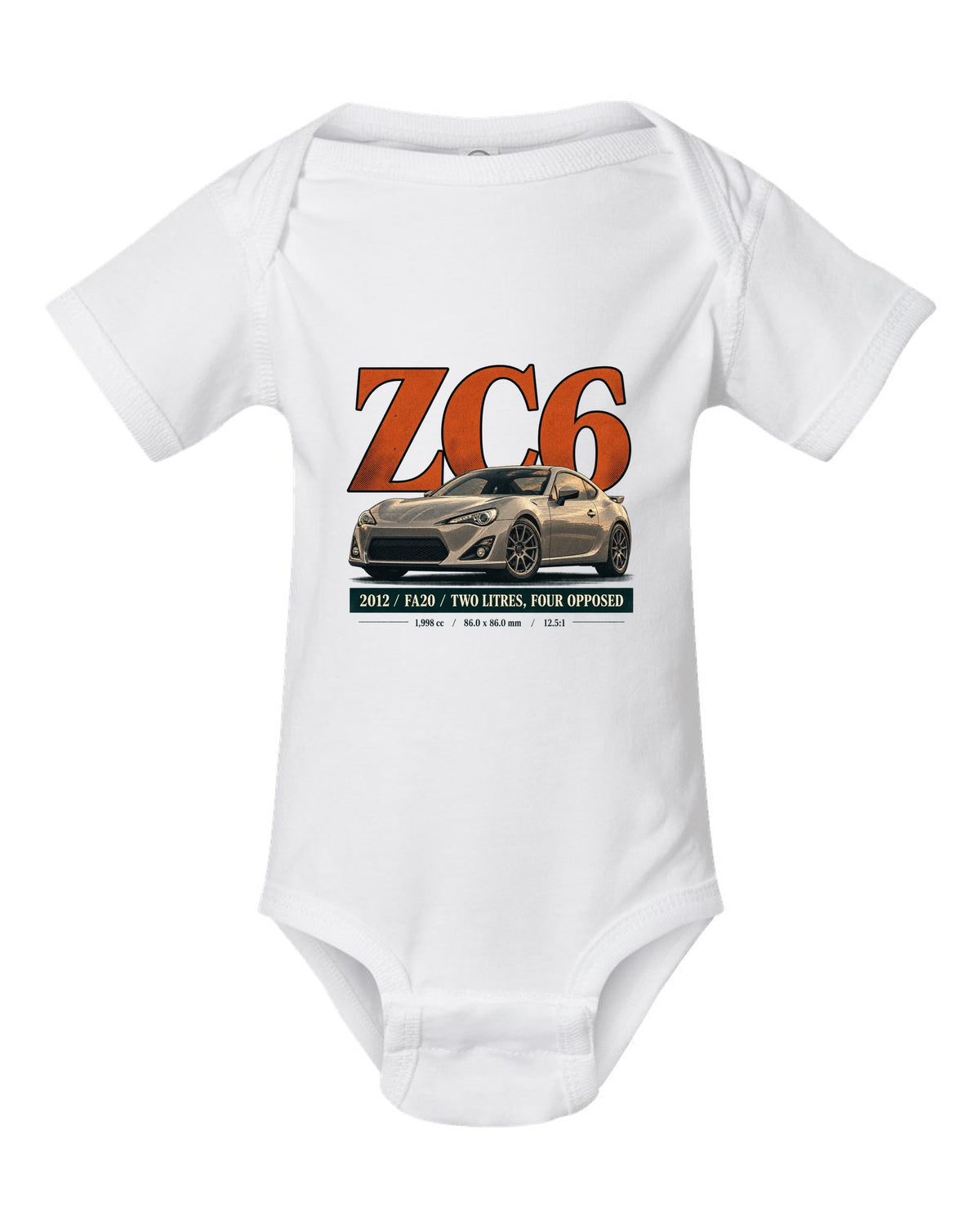 Magazine-style headline layout of a first-generation Subaru BRZ ZC6 print white baby onesie front view with the design