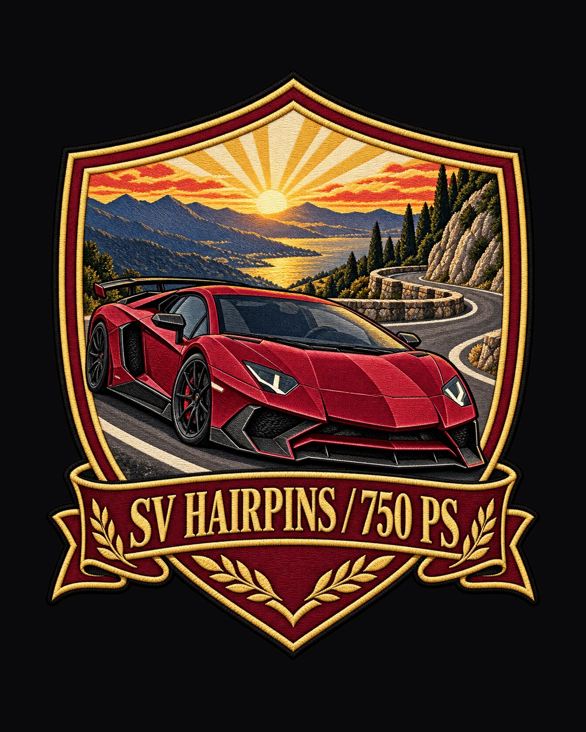 Aventador LP750-4 SV Hairpin Shield Crest Tee, Golden Hour design only