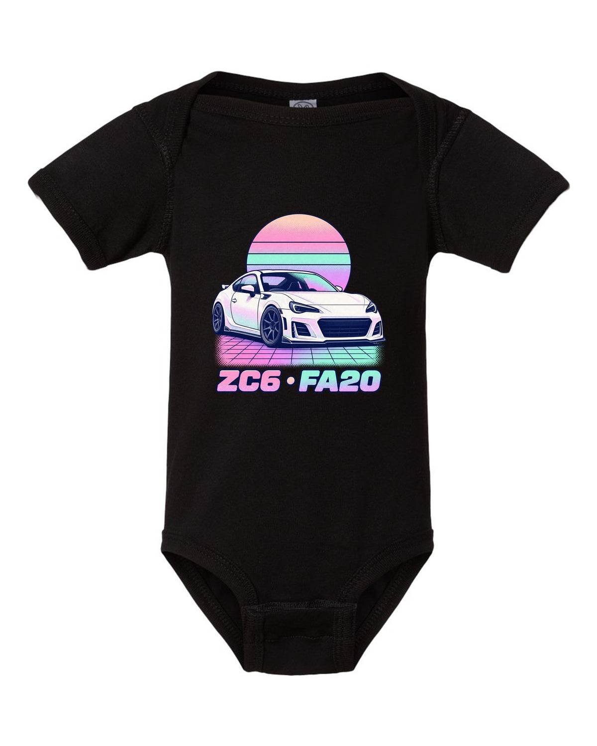 Subaru BRZ ZD8 round varsity crest print, ZD8 / FA24 / 2022 black baby onesie front view with the design