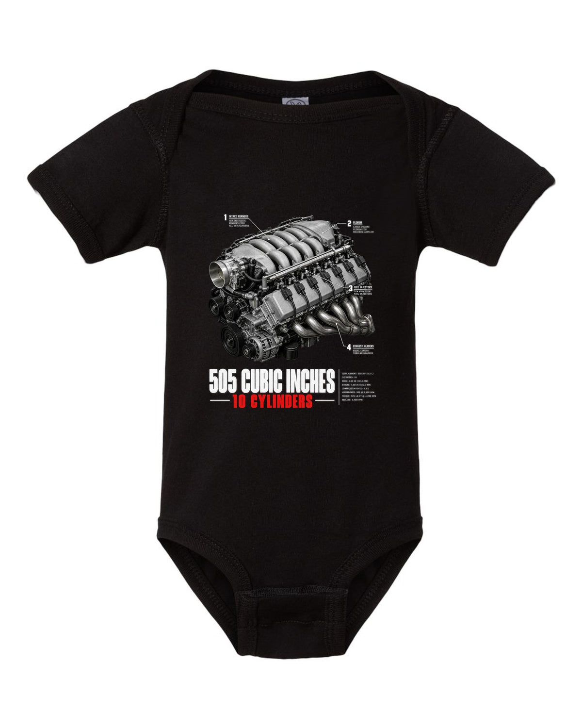 Dodge Viper SRT-10 ZB I 8.3L V10 engine hero print with 505 cubic inches lettering black baby onesie front view with the design