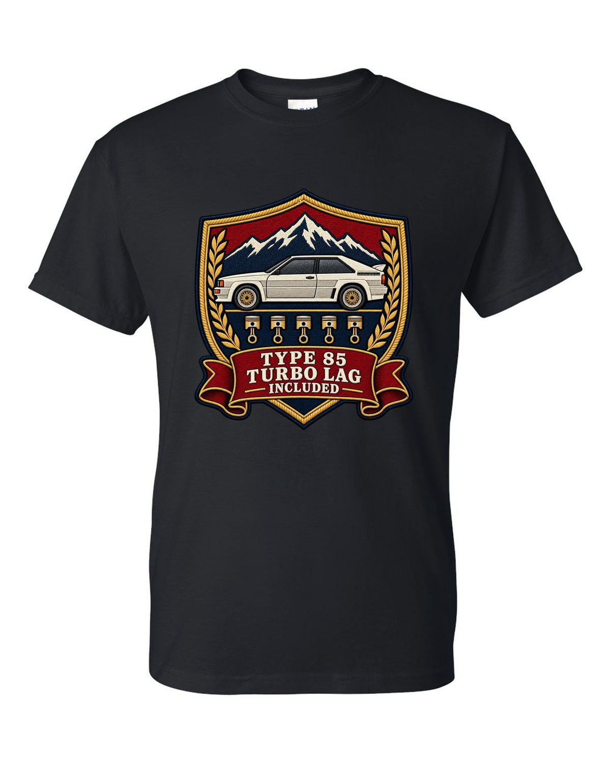 Varsity shield crest print of an Audi Ur-Quattro Type 85 with Turbo Lag Included text black t-shirt front view with the design