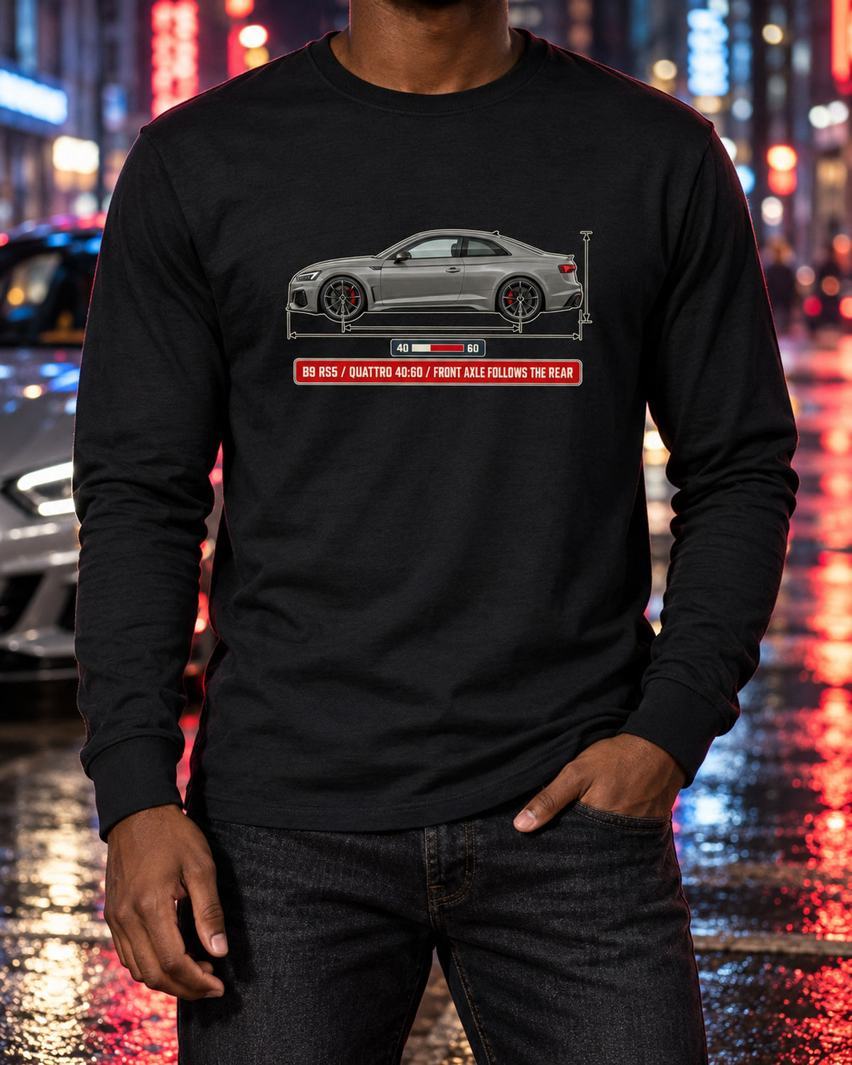 Audi RS5 Coupe B9 Facelift Dimension Blueprint, Quattro 40:60 Shirt Long Sleeve Black worn hero