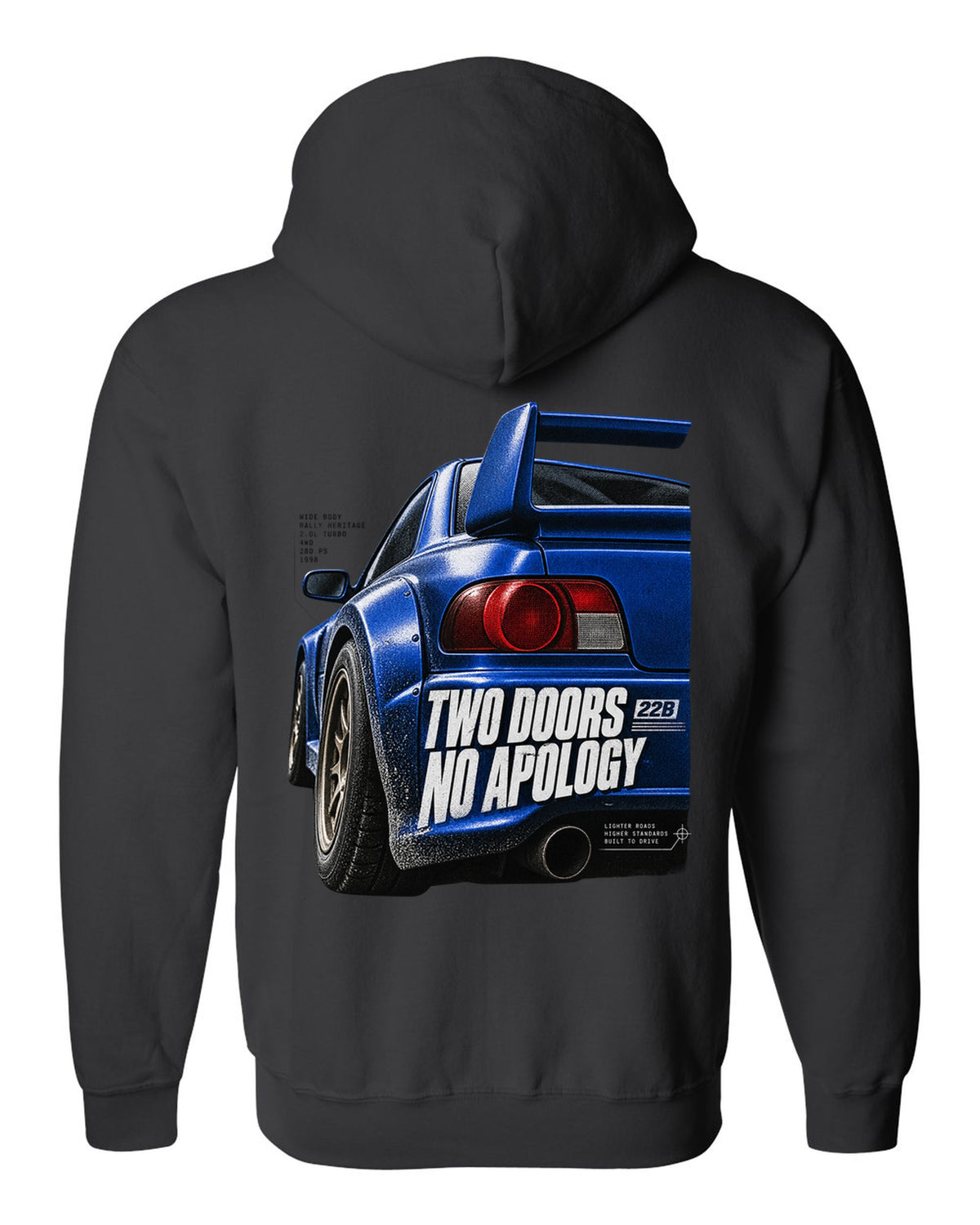 Macro detail of the Subaru Impreza 22B STI rear wing with two doors no apology text black zip hoodie back view with the design