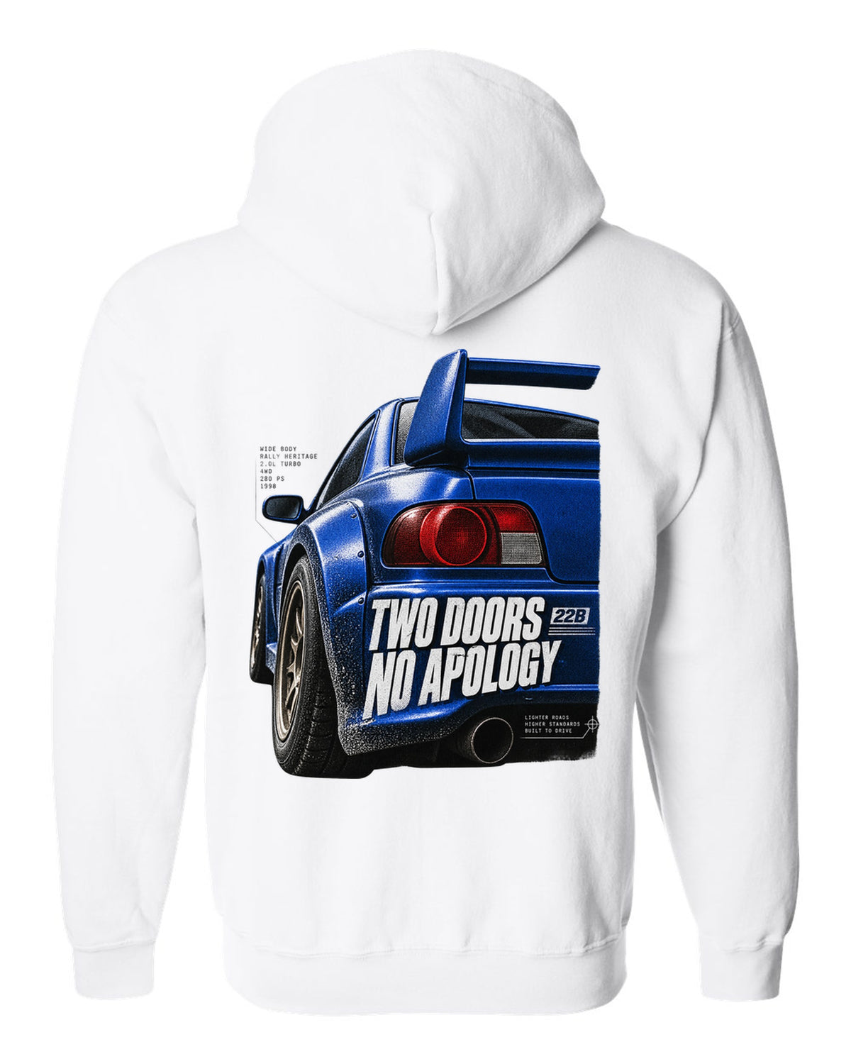 Macro detail of the Subaru Impreza 22B STI rear wing with two doors no apology text white zip hoodie back view with the design