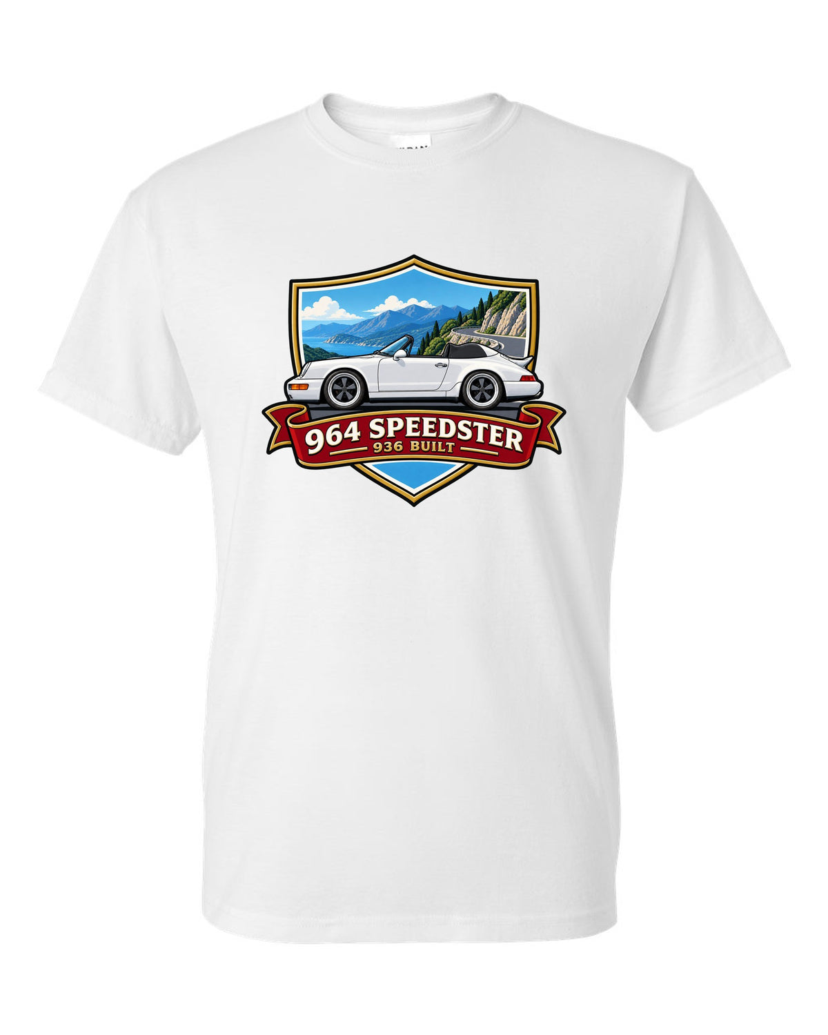 Shield crest design for the Porsche 964 Speedster with 936 built lettering white t-shirt front view with the design