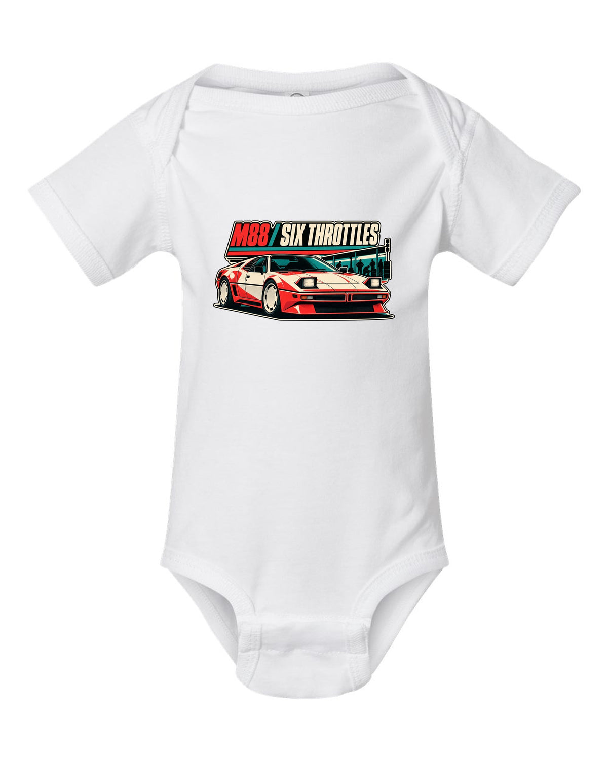 Vintage race poster print of a BMW M1 E26 with M88 six throttles lettering white baby onesie front view with the design