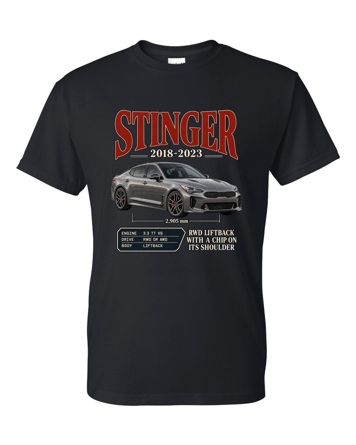Kia Stinger GT archive panel print covering 2018 to 2023 black t-shirt front view with the design
