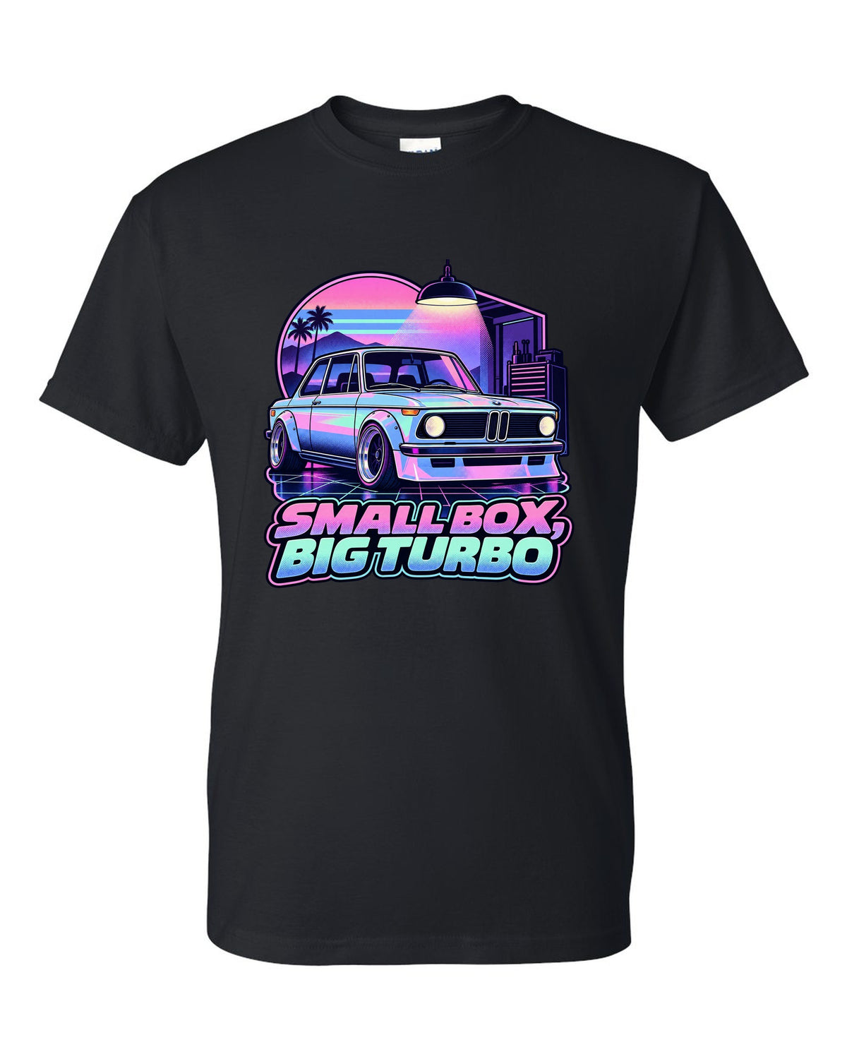 BMW 2002 turbo vaporwave pastel print with small box big turbo text black t-shirt front view with the design