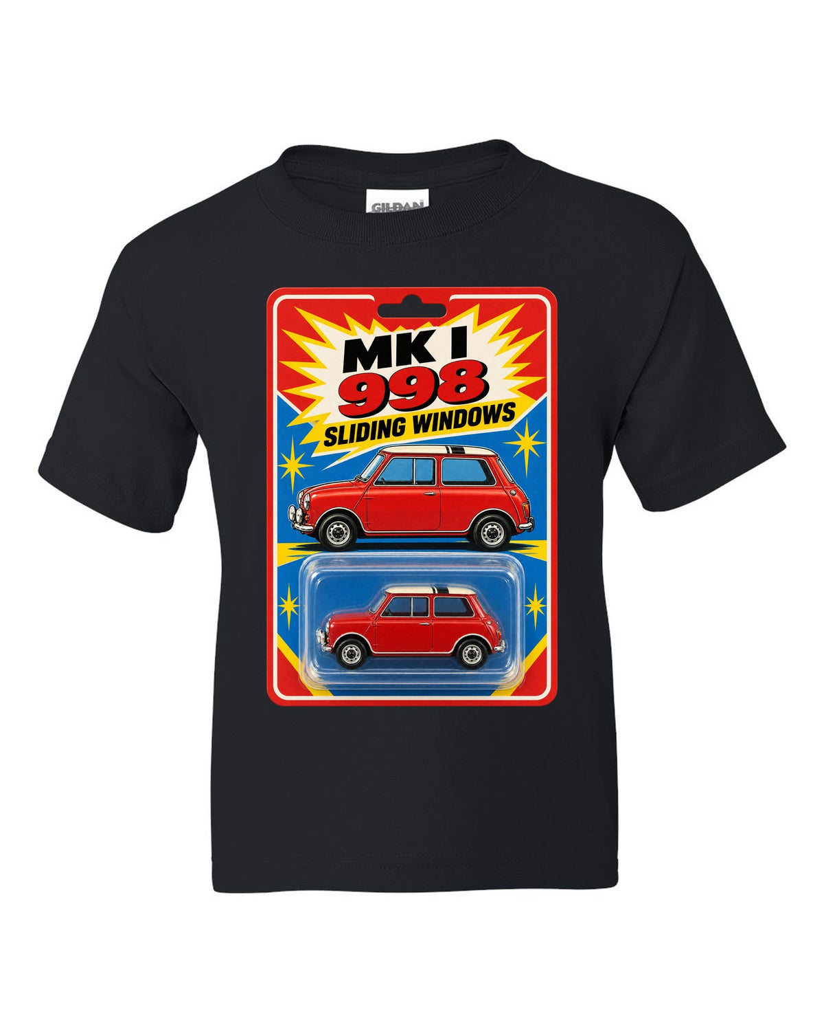1967 Mini Cooper Mk I on a toy blister card with 998 and sliding windows text black kids tee front view with the design