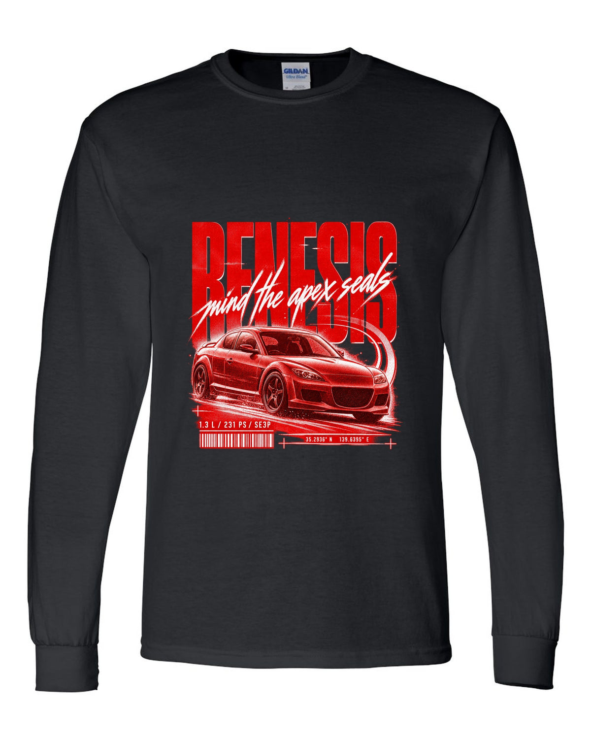 Street poster print of a Mazda RX-8 SE3P Series 1 with Renesis lettering black long sleeve front view with the design