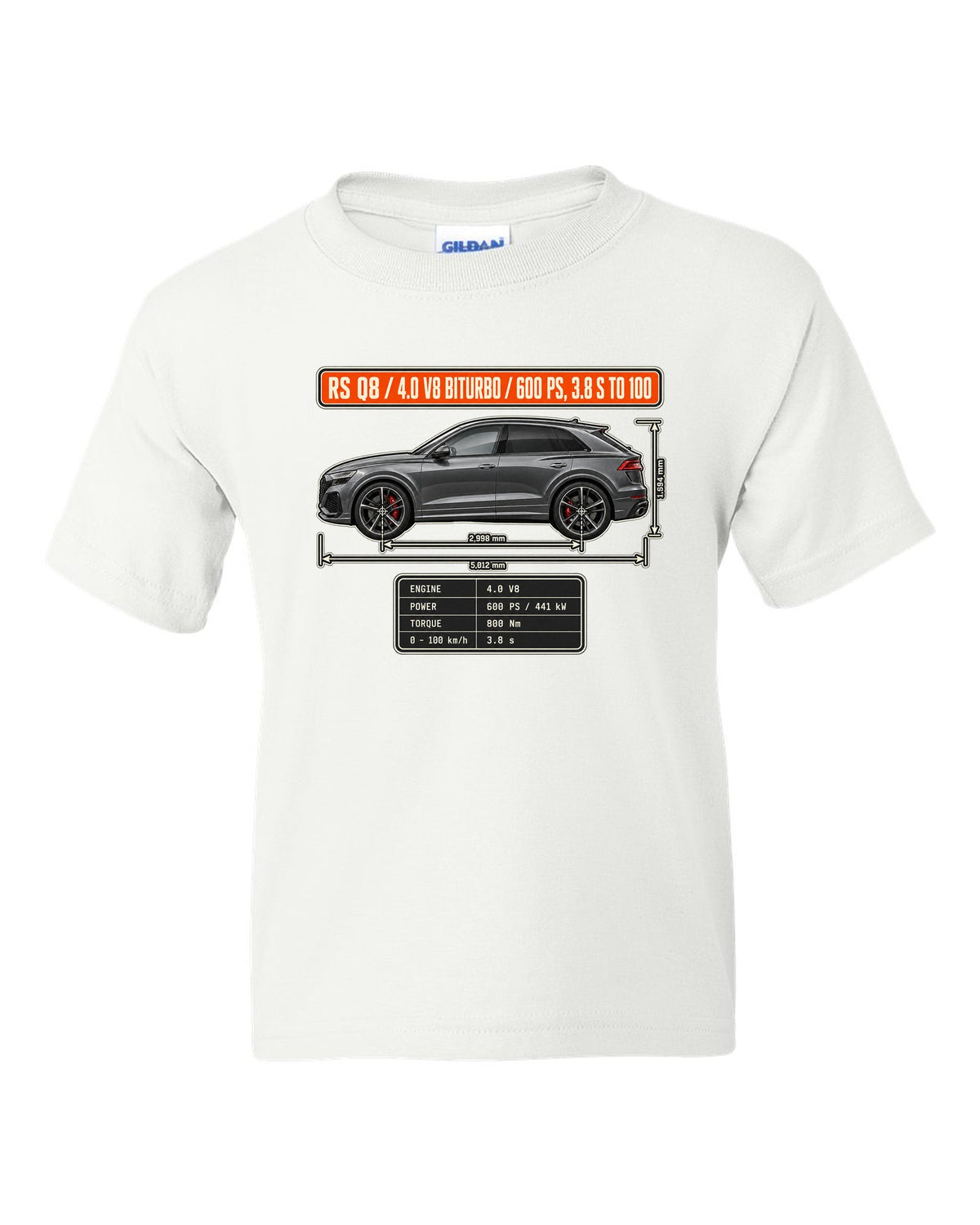 Audi RS Q8 dimension blueprint print with V8 biturbo specs white kids tee front view with the design