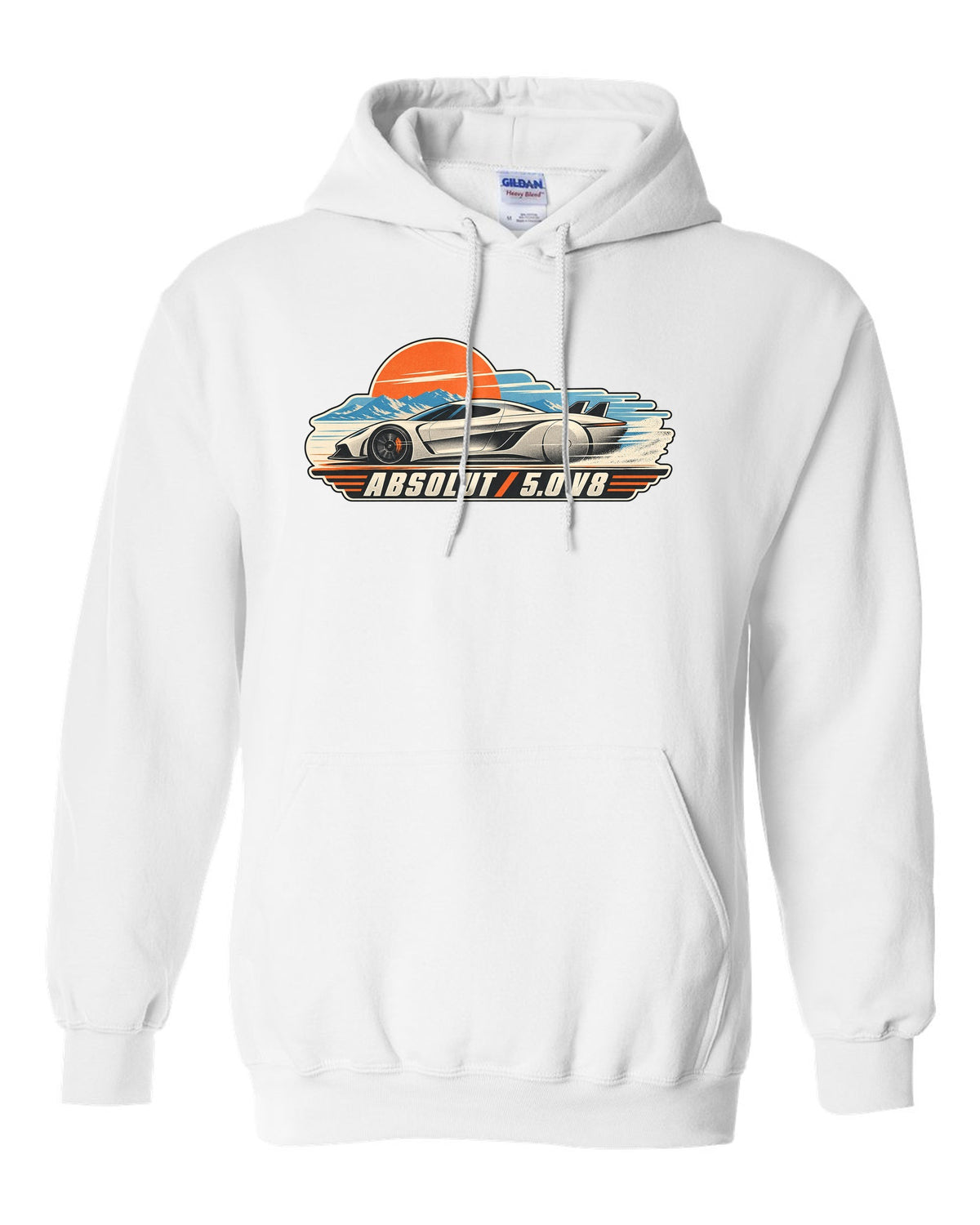 Vintage race poster illustration of the Koenigsegg Jesko Absolut with ABSOLUT 5.0 V8 lettering white pull over hoodie front view with the design