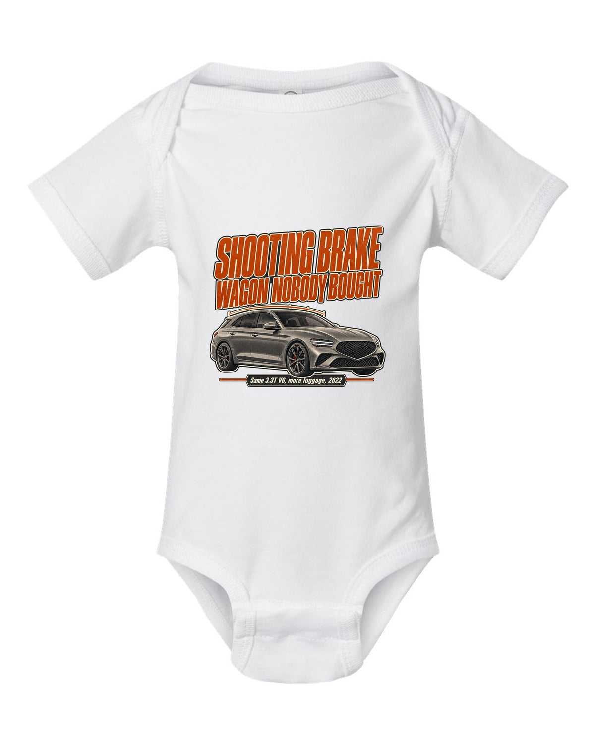 Editorial headline print for the Genesis G70 Shooting Brake reading wagon nobody bought white baby onesie front view with the design