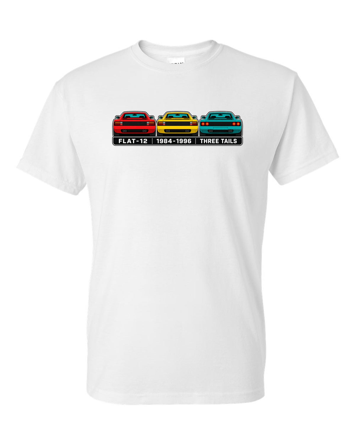 Flat colour infographic of Ferrari Testarossa, 512 TR and F512 M tail ends white t-shirt front view with the design