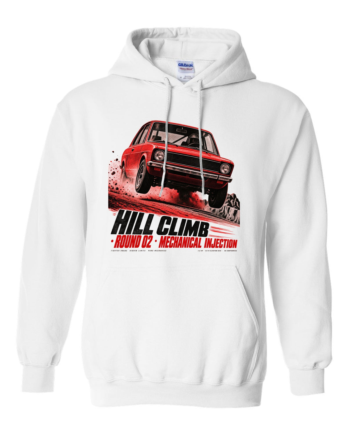 BMW 2002 tii hill climb race poster print with mechanical injection text white pull over hoodie front view with the design