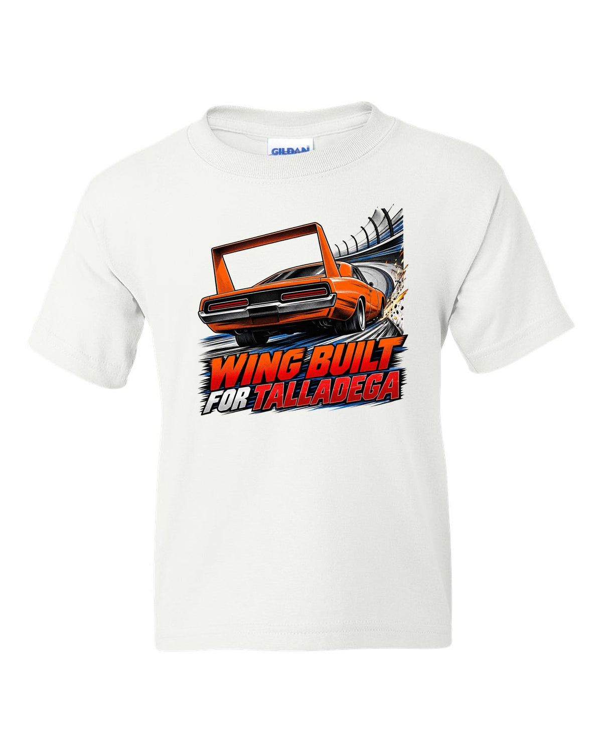 Retro manga halftone panel of a 1969 Dodge Charger Daytona with wing speed lines and Talladega text white kids tee front view with the design