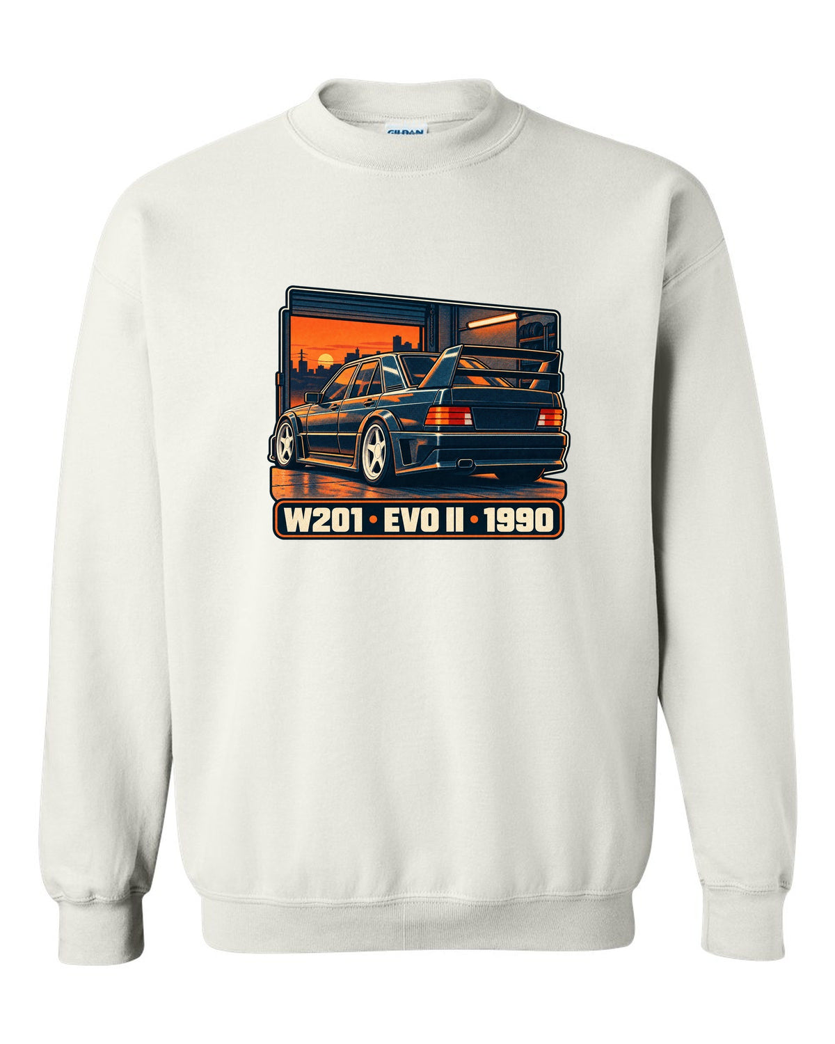 Risograph two-colour halftone print of a Mercedes-Benz 190E Evo II W201 in a garage at dusk white crewneck front view with the design
