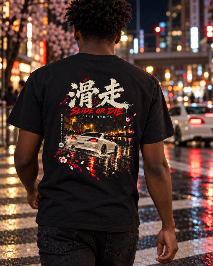 Nissan Silvia S15 Slide Or Die Shirt, Hoodie & More T-Shirt Black worn hero