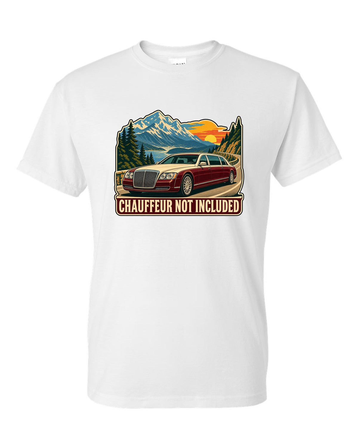 1960s litho travel poster of a Maybach 57 W240 with Chauffeur Not Included text white t-shirt front view with the design