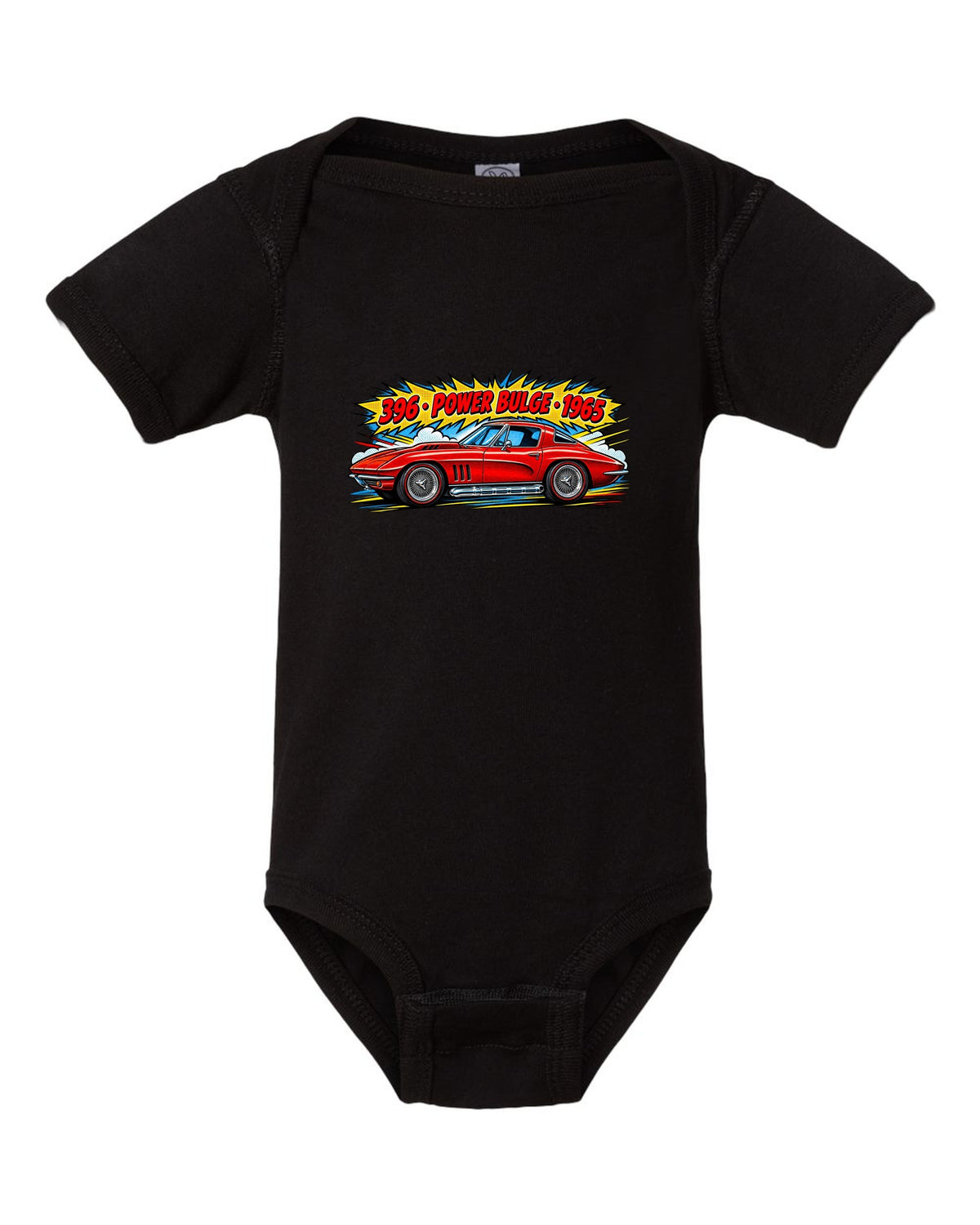 1965 Corvette C2 Sting Ray Side Pipe Comic black baby onesie front view with the design