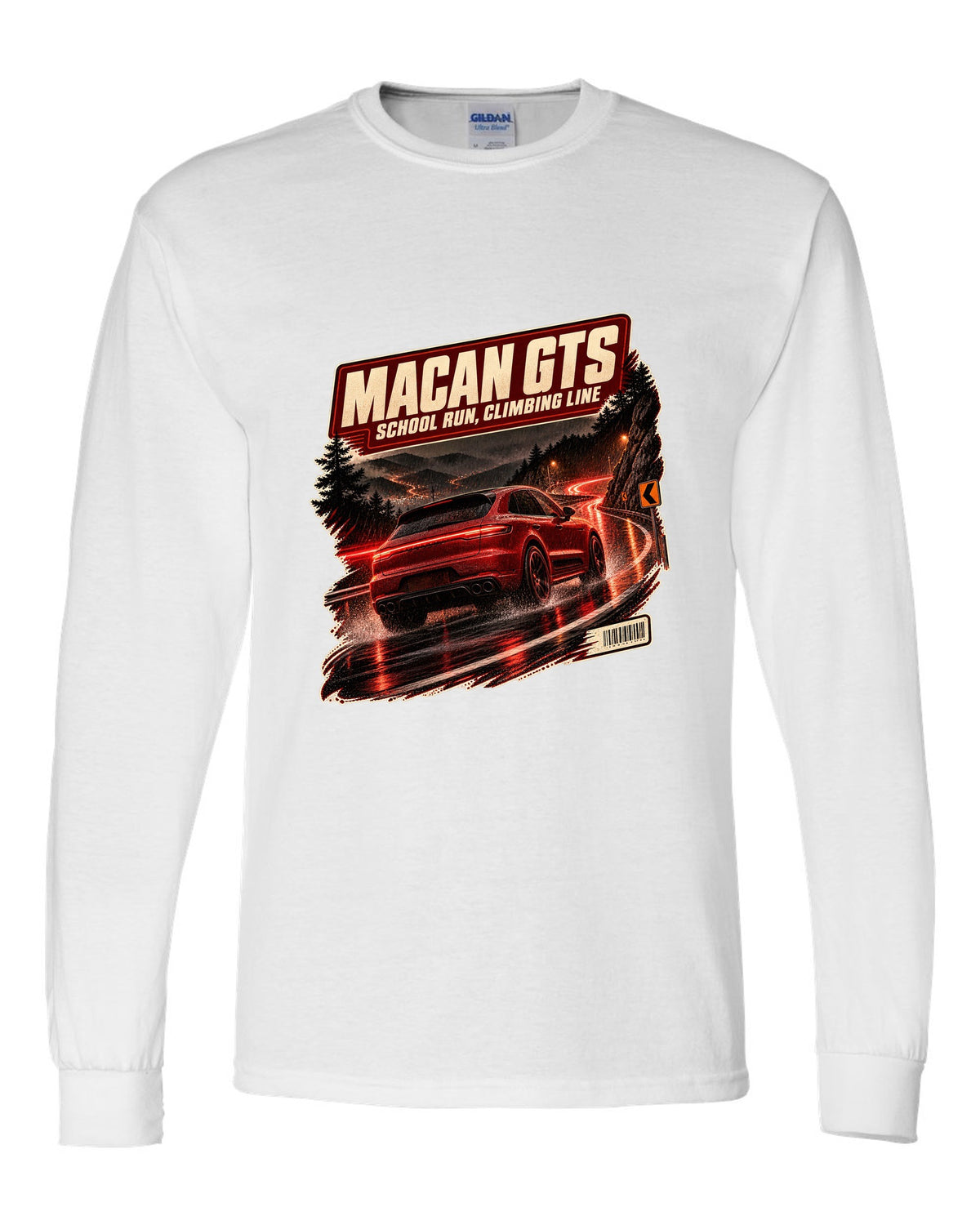 Wet mountain road print of a low front three-quarter Porsche Macan GTS 95B white long sleeve front view with the design
