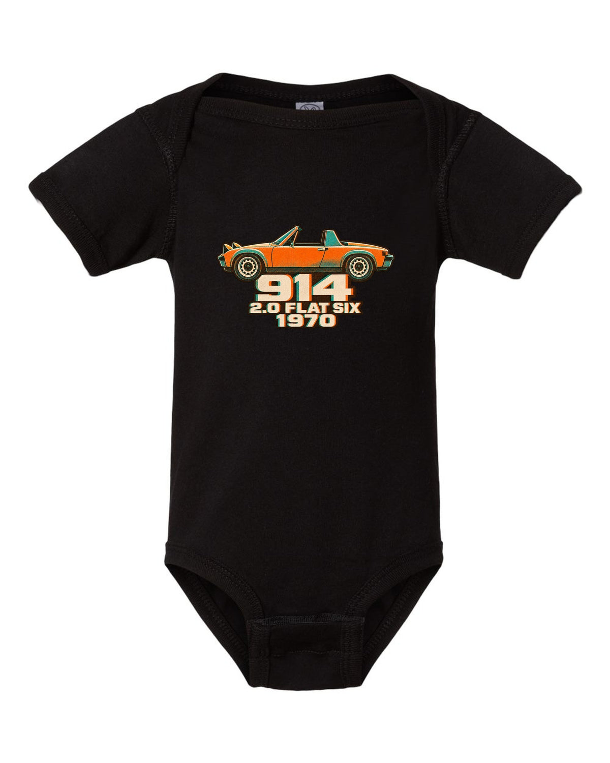 Porsche 914/6 risograph two-colour design with 2.0 flat six lettering black baby onesie front view with the design