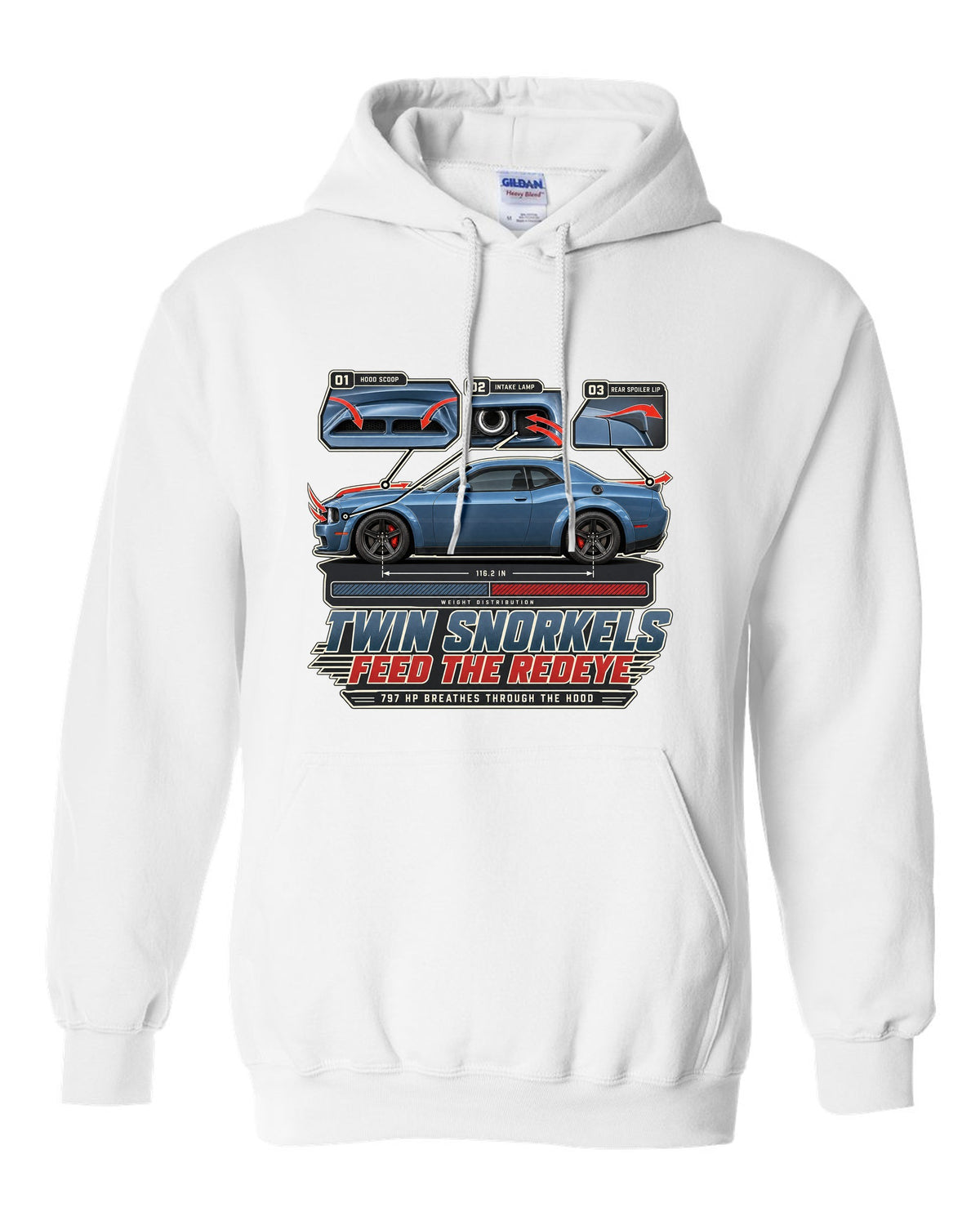 Dodge Challenger Hellcat Redeye Widebody aero callouts showing twin hood snorkels white pull over hoodie front view with the design