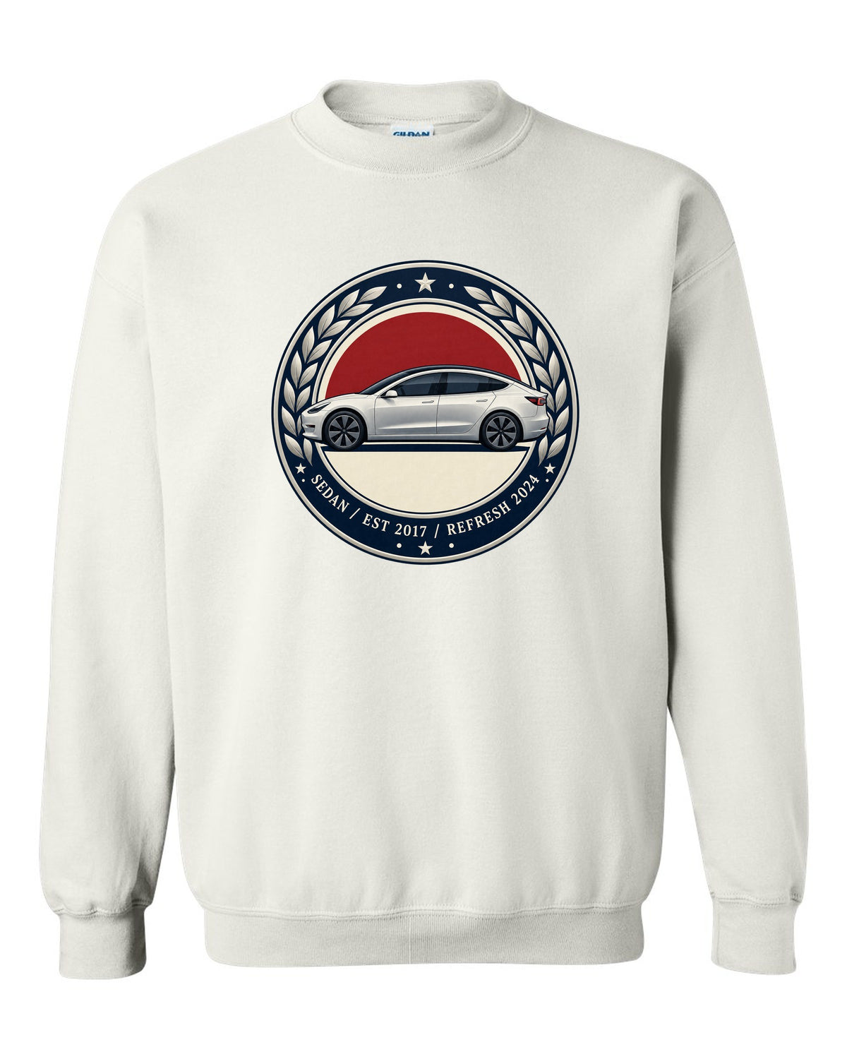 Round crest print of a Tesla Model 3 sedan reading Est 2017 and Refresh 2024 white crewneck front view with the design