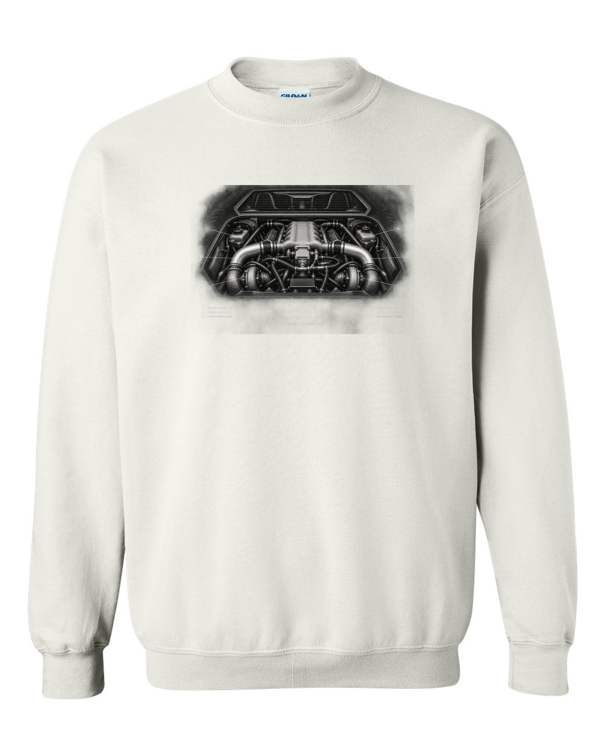 Engine hero print of a 1996 Lotus Esprit V8 with twin-turbo midship 3.5 V8 text white crewneck front view with the design