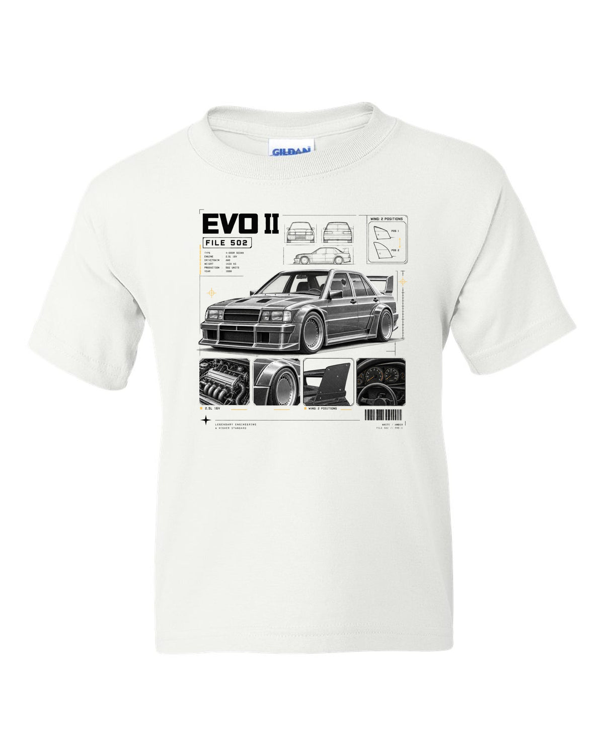 print dossier panels of a Mercedes 190E Evolution II W201 listing file 502, 2.5L 16V and wing positions white kids tee front view with the design