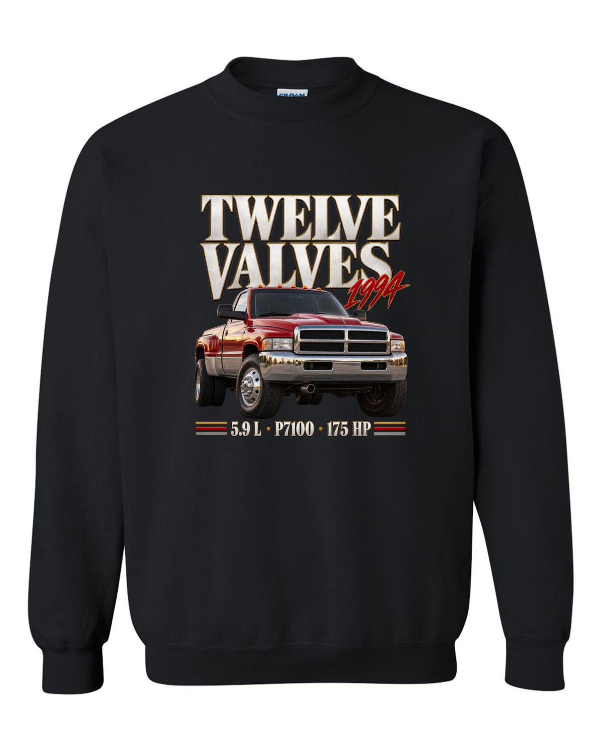 Editorial print of a 1994-98 Ram 2500 Cummins 5.9 12V with P7100 pump lettering black crewneck front view with the design