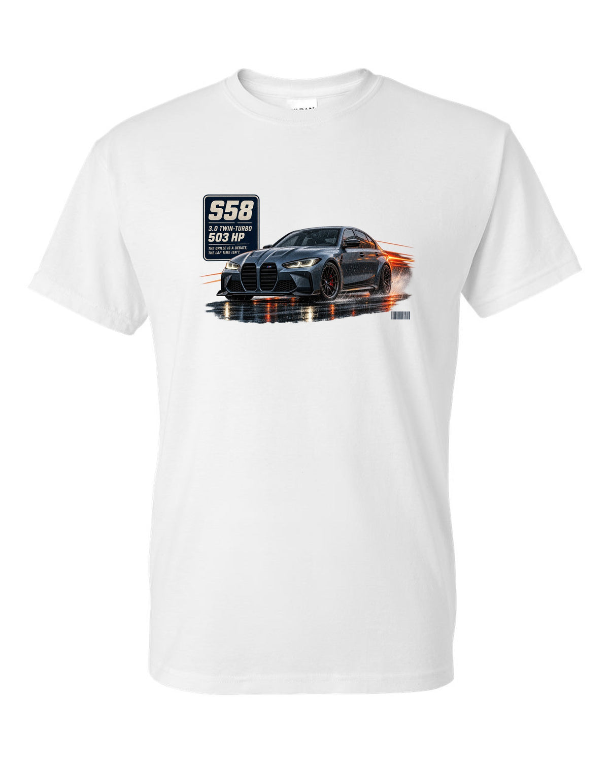 print of a BMW M3 Competition G80 on a night touge road in blue-grey white t-shirt front view with the design