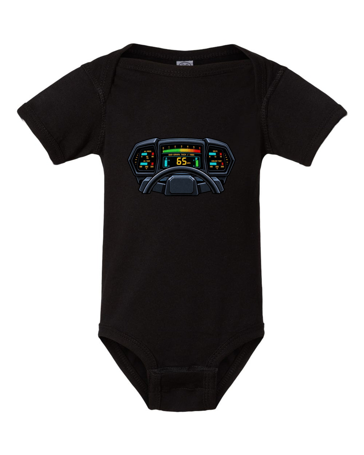 Gauge cluster HUD style print of a 1985 Chevrolet Corvette C4 digital dash with bar-graph tach black baby onesie front view with the design