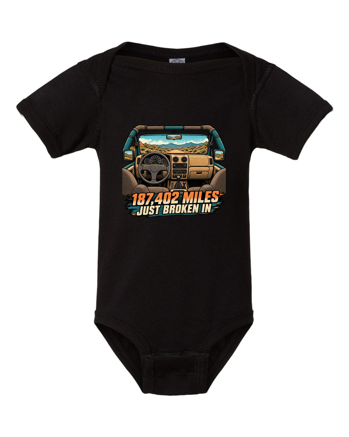 Halftone manga panel of a sun-faded Jeep Wrangler TJ dashboard with 187,402 MILES JUST BROKEN IN lettering black baby onesie front view with the design