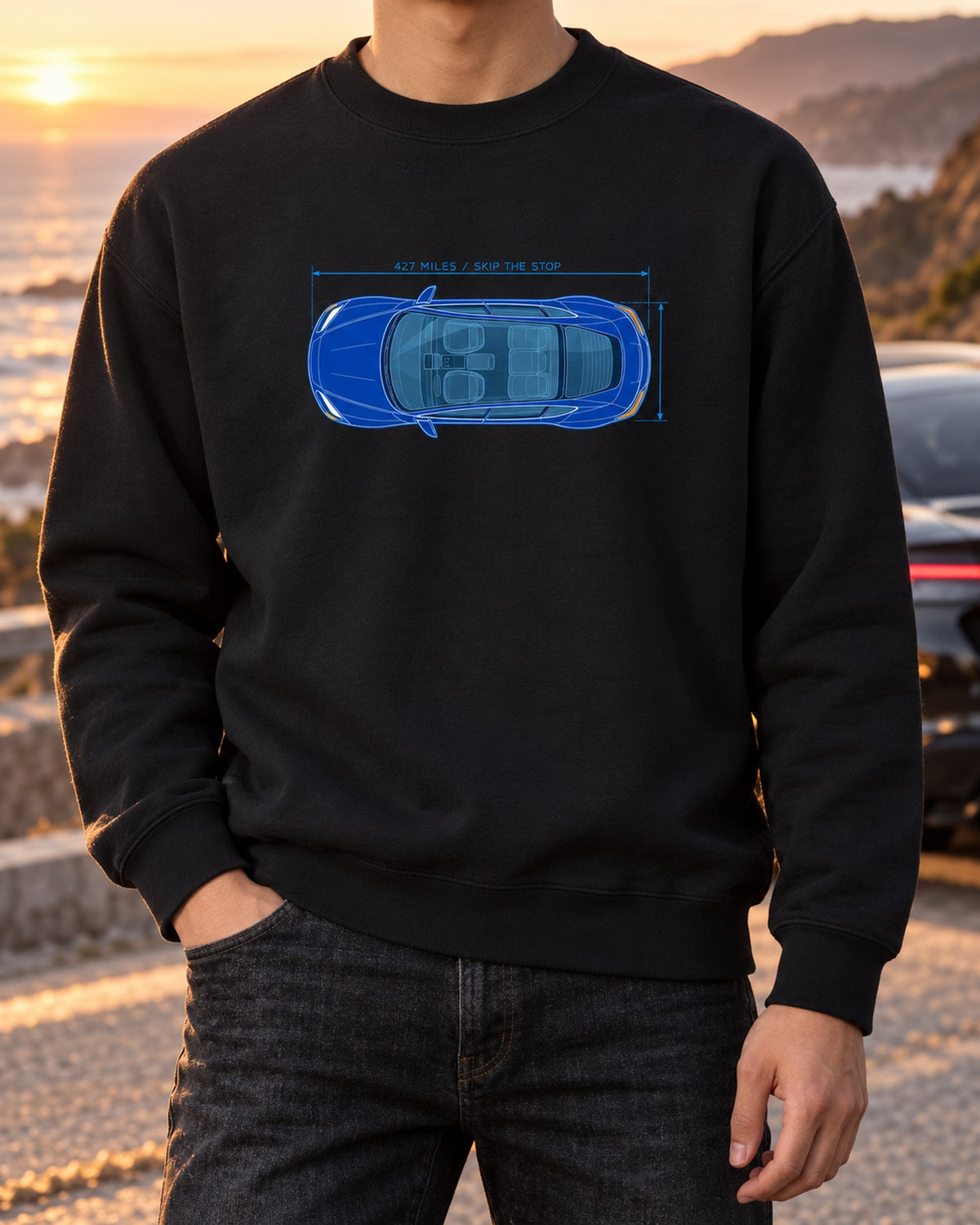 Lucid Air Sapphire Cyan Blueprint Shirt, Range Joke Tee Crewneck Black worn hero