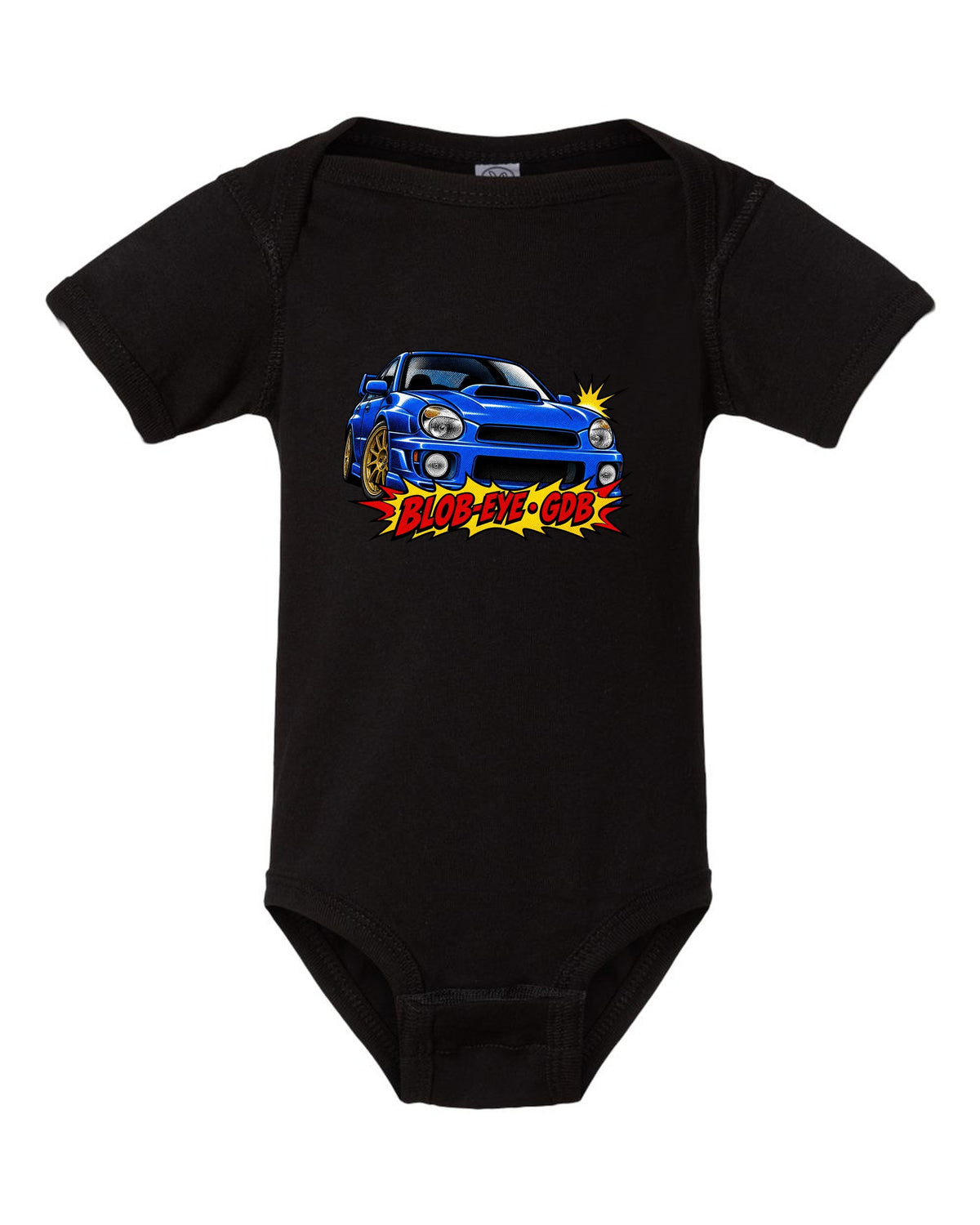 Halftone pop-art print of a Subaru Impreza WRX STI GDB with blob-eye GDB lettering black baby onesie front view with the design