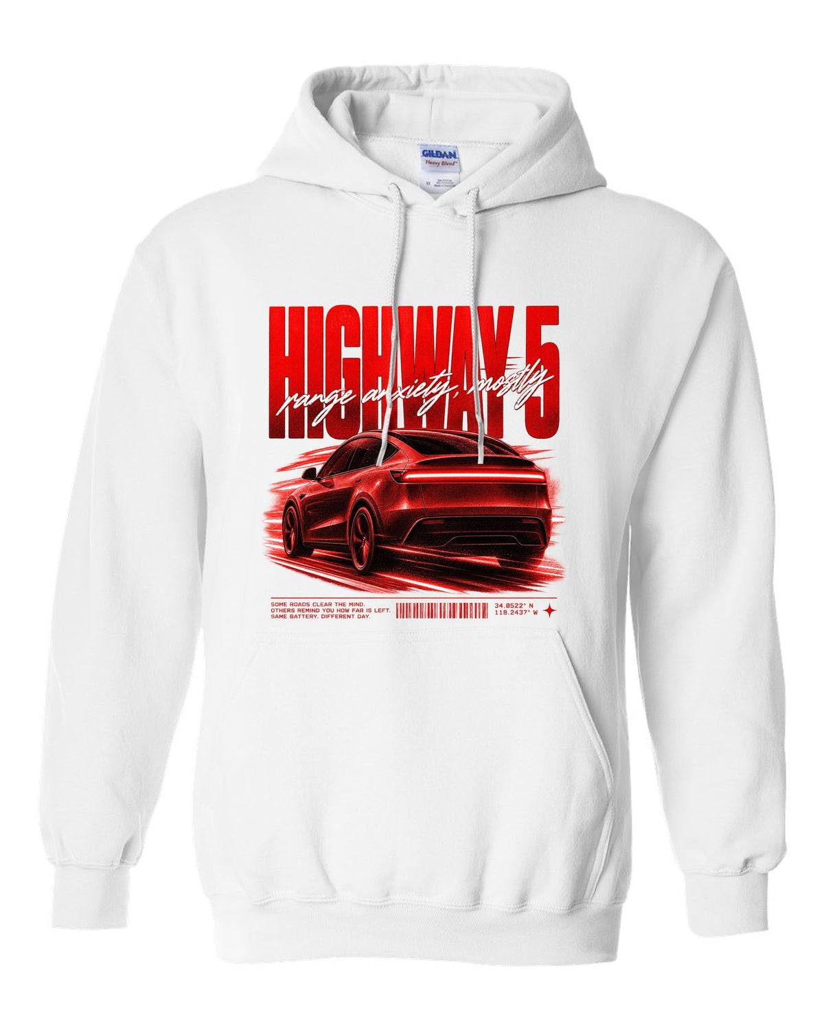 Tesla Model Y Juniper rear three-quarter in motion street poster reading Highway 5 white pull over hoodie front view with the design