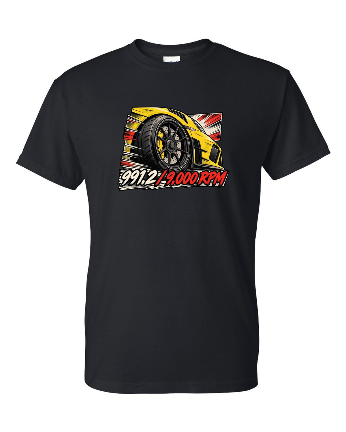 Porsche 991.2 GT3 RS retro manga panel with centre lock wheel and 9,000 RPM text black t-shirt front view with the design