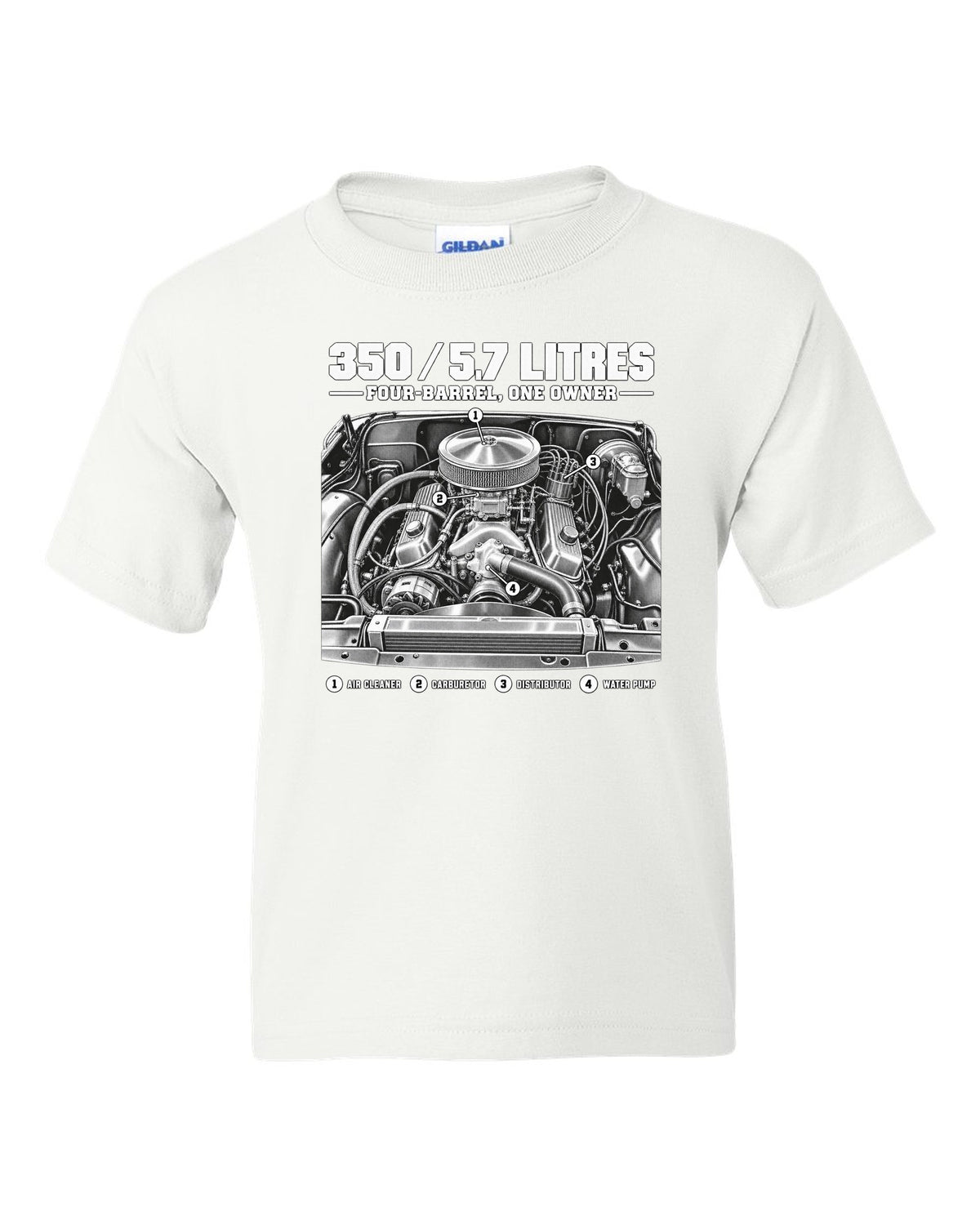 Squarebody C10 350 small block engine diagram with callouts, print white kids tee front view with the design