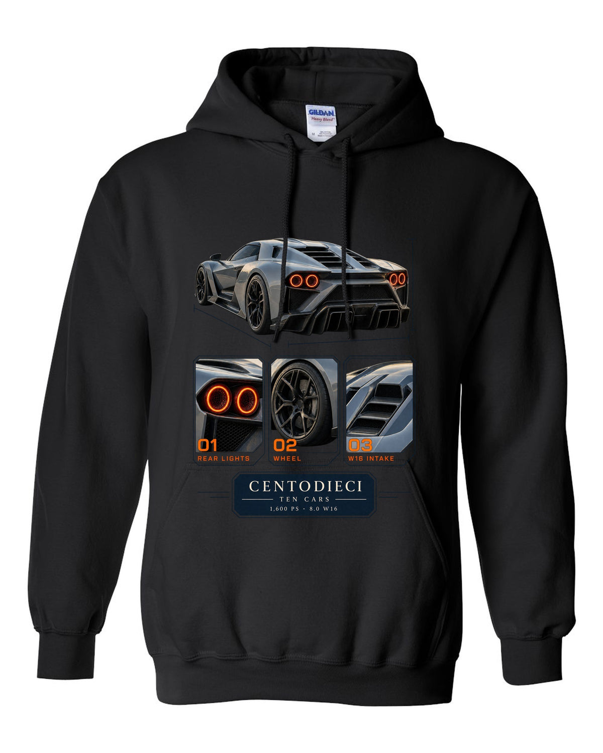 Dossier panel layout of the Bugatti Centodieci with ten-car text, print black pull over hoodie front view with the design