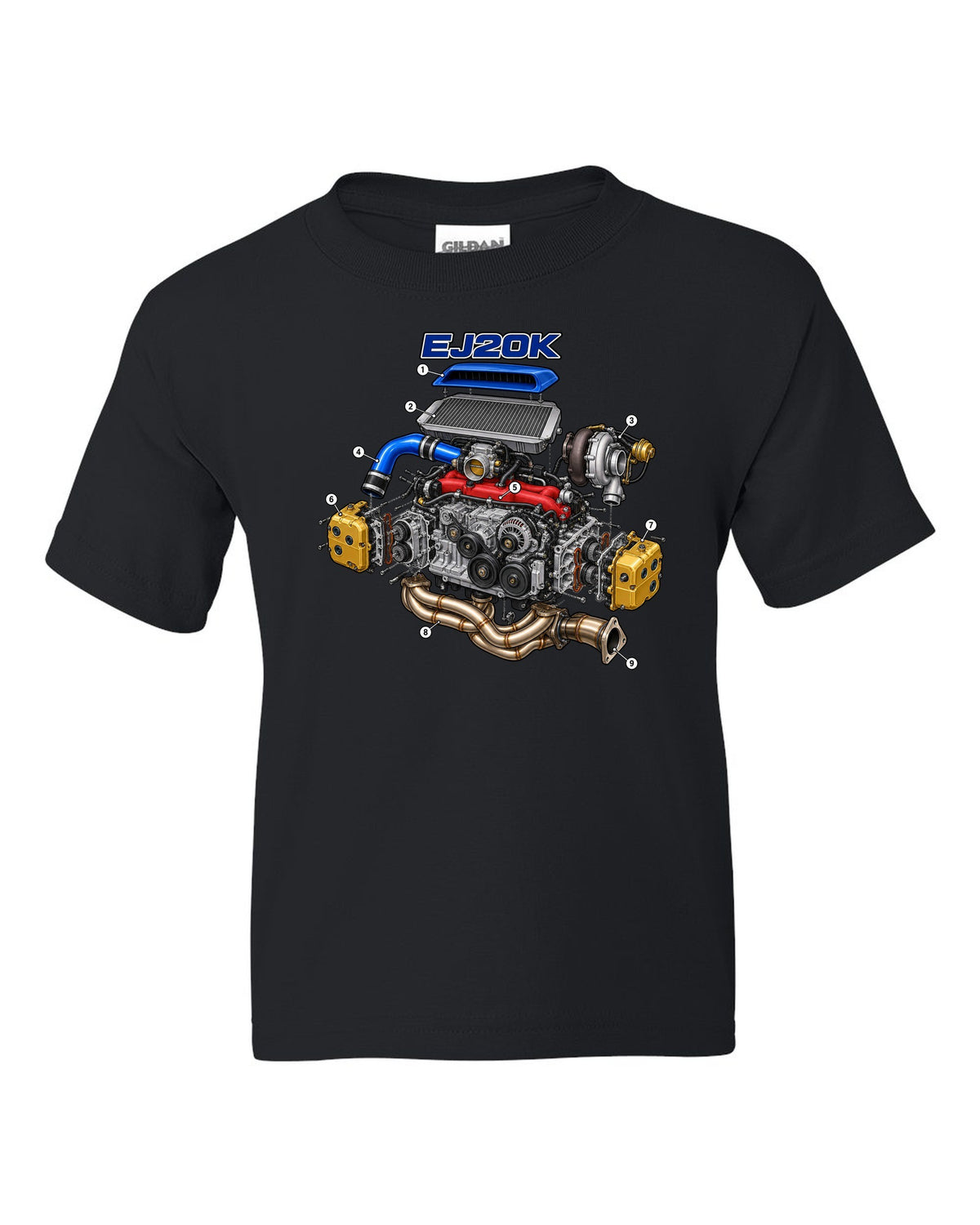 Subaru Impreza WRX GC8 EJ20K boxer engine in an exploded cutaway diagram black kids tee front view with the design
