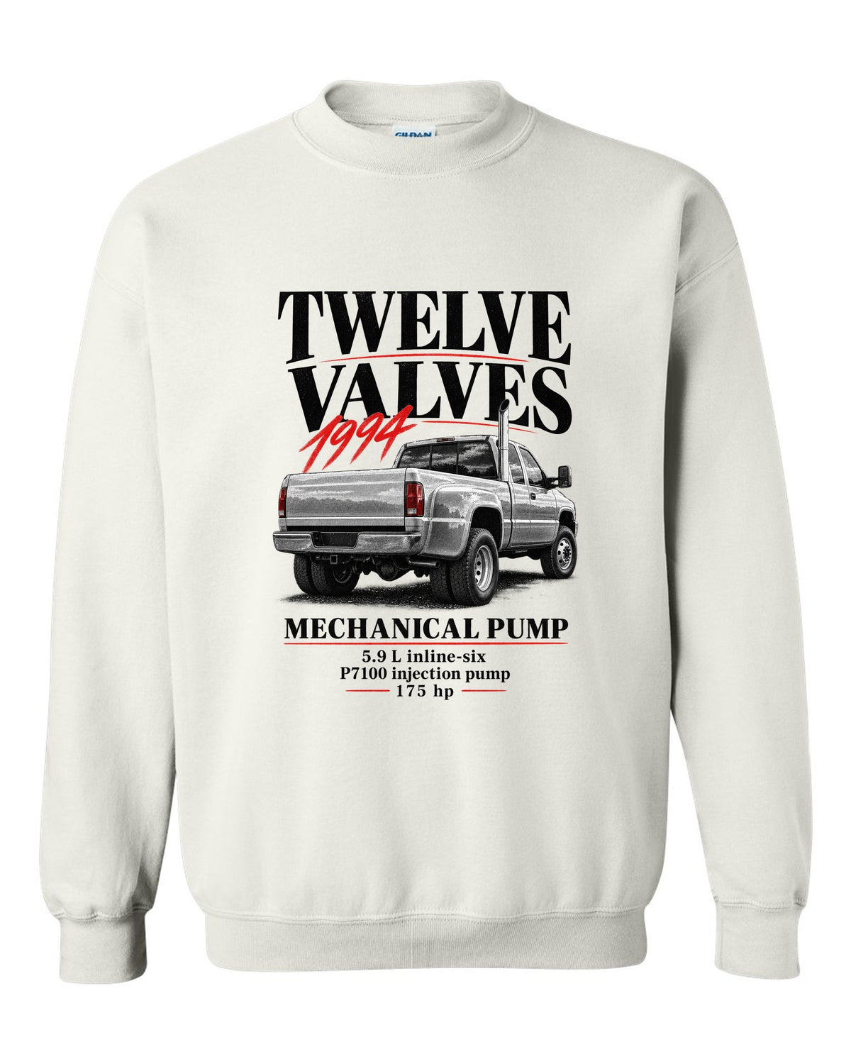 Editorial print of a 1994-98 Dodge Ram 2500 2nd gen 12-valve in a rear three-quarter view white crewneck front view with the design