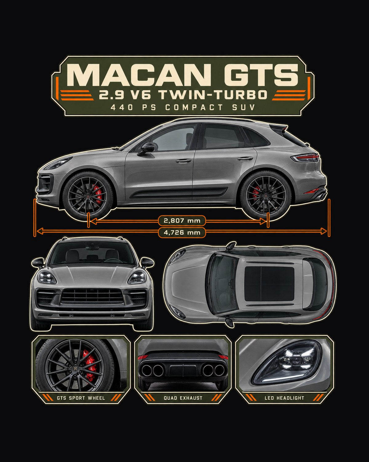 Porsche Macan GTS 95B Dossier Tee, 2.9 V6 Twin-Turbo Shirt design only